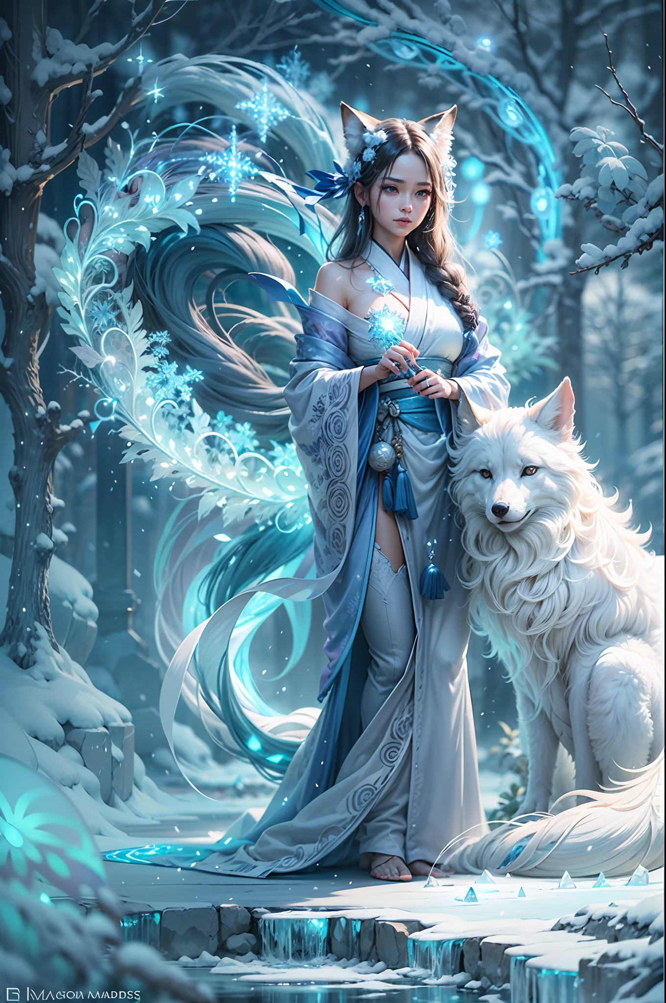 In this breathtaking digital artwork created by Mappa Studios, a stunning snow fox woman takes center stage. With nine fluffy white frosting fox tails on her back and delicate snow fox ears, she exudes an ethereal beauty. Donning an intricately detailed yukata, she stands confidently, locking eyes with viewers. Around her, intricate ice chains intertwine, showcasing her mastery over the element of ice. Her face is flawlessly rendered, capturing every minute detail, from her perfect features to her light smile.
Standing tall with a mature and alluring presence, she emanates a frost aura, a testament to her powerful sorcery. In her hands, she wields an ice spear, ready to unleash its icy might. Countless blue and white ice shards dance and dazzle around her, creating a mesmerizing spectacle. In the background, a small ice phoenix gracefully soars, adding an extra touch of enchantment to the scene.
The ground is adorned with glistening crystals and a blanket of snow, while a blizzard rages, adding a sense of movement and dynamic energy to the composition. Her body, with its seductive curves, perfectly complements the overall aesthetic.
This highly detailed digital artwork is rendered in 4K resolution, utilizing the cutting-edge Octane render engine to bring out every intricate detail. The use of bioluminescent elements adds an otherworldly glow to the piece, further enhancing its magical atmosphere. Created with the utmost realism in mind, this artwork is a true masterpiece, showcasing the best quality and official art from Mappa Studios.
The illustration employs a ligne claire style, with clean lines and precise compositions, ensuring a visually pleasing experience. The color palette, with its cool tones, adds a sense of tranquility and mystique to the fantasy setting. The overall concept and execution of the artwork, in its 8K resolution glory, stand as a testament to Mappa Studios' commitment to realism and artistic excellence.
