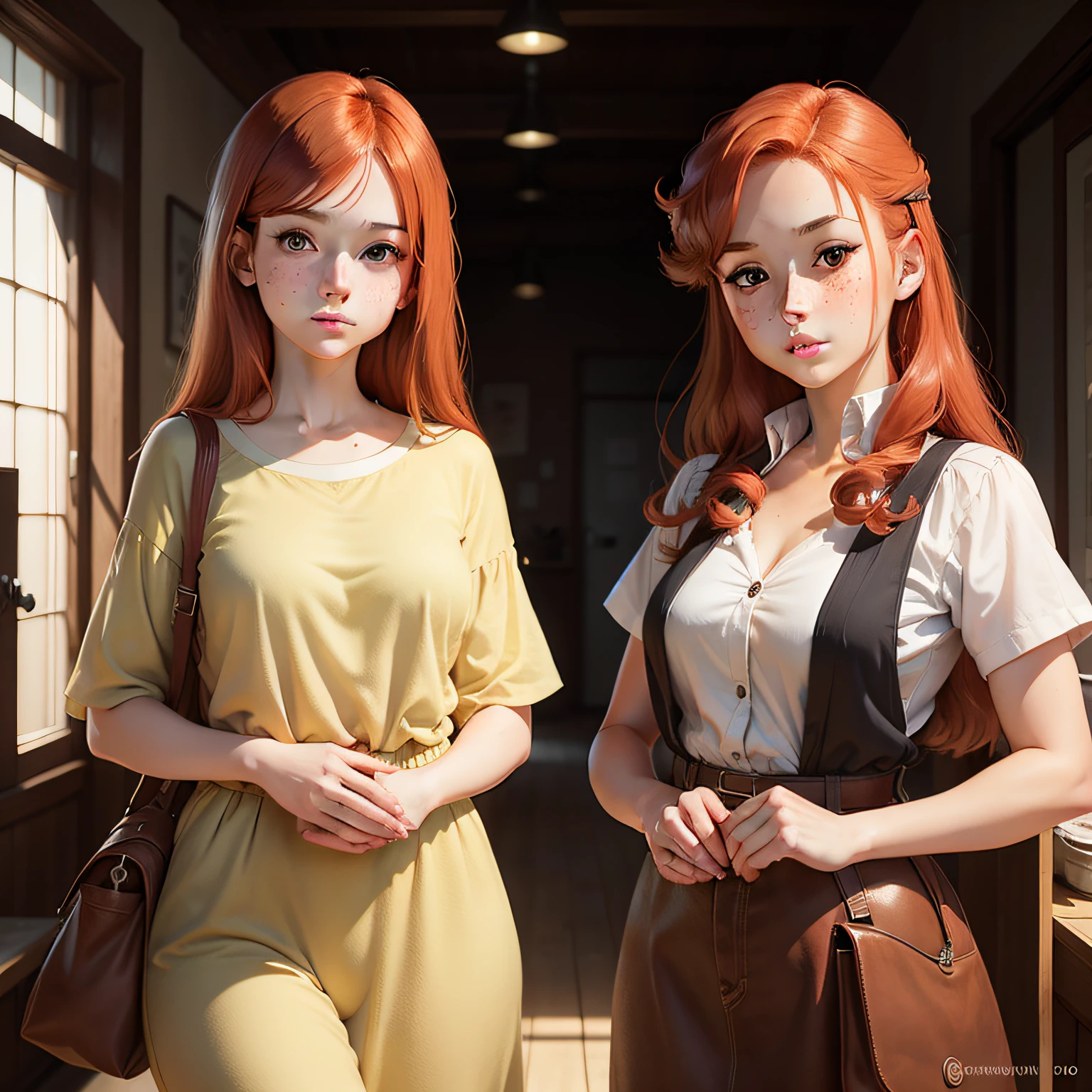 young woman between and 16edhead brown anime book vintage style brown eyes and few freckles by studio ghibli , cartoon style,Hayao Miyazaki, dark fantasy