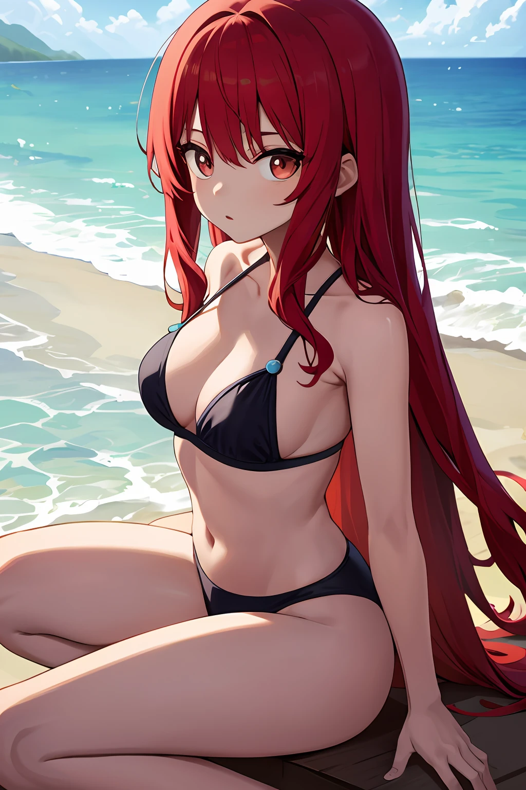 Best quality,tmasterpiece,sea beach,red tinted hair,full bodyesbian