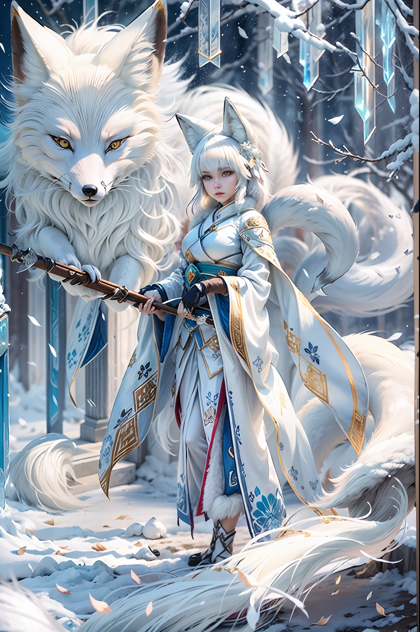 In this breathtaking digital artwork created by Mappa Studios, a stunning snow fox woman takes center stage. BREAK With nine fluffy white frosting fox tails on her back and delicate snow fox ears, she exudes an ethereal beauty. Donning an intricately detailed yukata, she stands confidently, locking eyes with viewers. Around her, intricate ice chains intertwine, showcasing her mastery over the element of ice. Her face is flawlessly rendered, capturing every minute detail, from her perfect features to her light smile,((nine fluffy white fox tails:1.6))
BREAK 
Standing tall with a mature and alluring presence, she emanates a frost aura, a testament to her powerful sorcery. In her hands, she wields an ice spear, ready to unleash its icy might. Countless blue and white ice shards dance and dazzle around her, creating a mesmerizing spectacle. In the background, a small ice phoenix gracefully soars, adding an extra touch of enchantment to the scene.
BREAK 
The ground is adorned with glistening crystals and a blanket of snow, while a blizzard rages, adding a sense of movement and dynamic energy to the composition. Her body, with its seductive curves, perfectly complements the overall aesthetic.
BREAK 
This highly detailed digital artwork is rendered in 4K resolution, utilizing the cutting-edge Octane render engine to bring out every intricate detail. The use of bioluminescent elements adds an otherworldly glow to the piece, further enhancing its magical atmosphere. Created with the utmost realism in mind, this artwork is a true masterpiece, showcasing the best quality and official art from Mappa Studios.