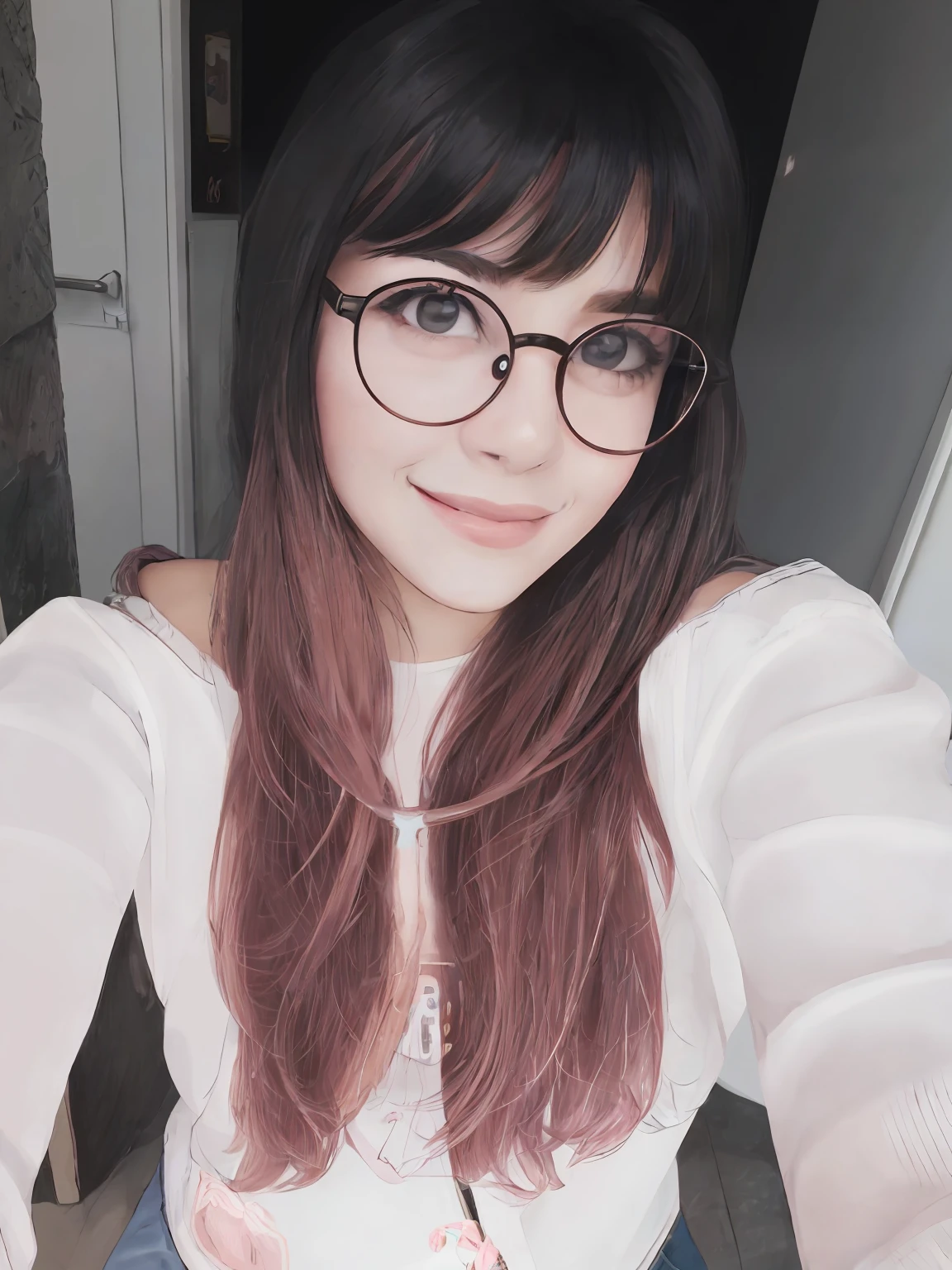 Western woman with glasses and pink shirt taking selfie, With eye Glasses, She wears Harry Potter glasses, Menina anime na vida real, bonito ligeiramente nerd sorriso, com cabelos longos e olhos penetrantes, girl wearing round glasses, cabelos castanhos e franja, wearing thin large round glasses, girl with glasses, olhos grandes, pele clara, brasileira
