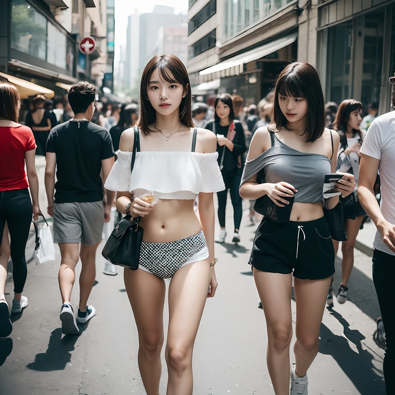 18-year-old Korean girl,Shoulder-length hair,Long bangs,White one-neck off-the-shoulder top,Black underwear,Black shorts,White shoes,Take a leisurely walk through the crowded streets,