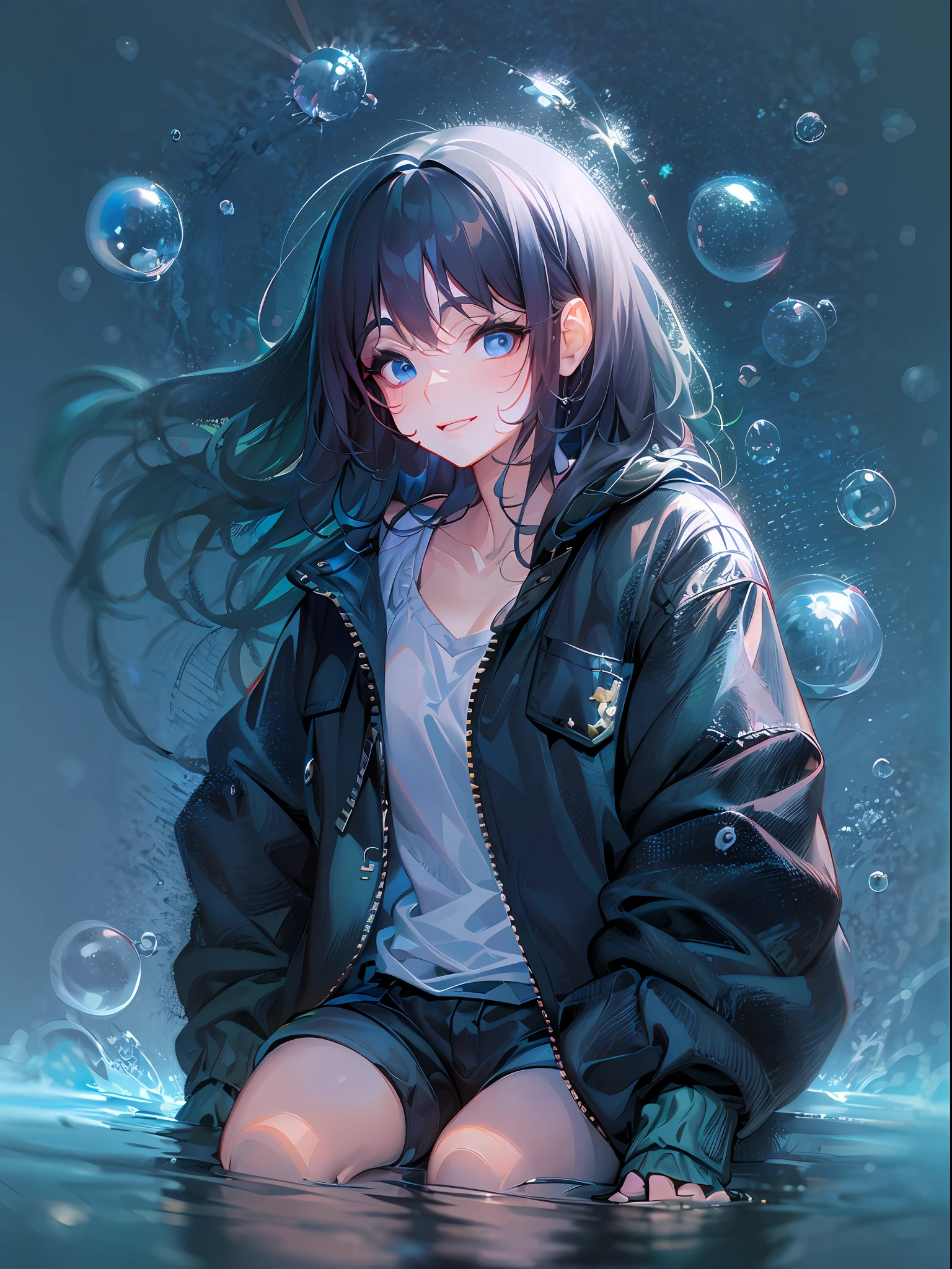 ((top-quality)), ((​masterpiece)), ((ultra-detailliert)), (extremely delicate and beautiful), girl with, 独奏, cold attitude,((Black jacket)),She is very(relax)with  the(Settled down)Looks,A dark-haired, depth of fields,evil smile,Bubble, under the water, Fantastical、Air bubble,bright light blue eyes,Inner color with black hair and light blue tips,Cold background,Bob Hair - Linear Art, shortpants、knee high socks、Camisole inner shirt、Hands in pockets