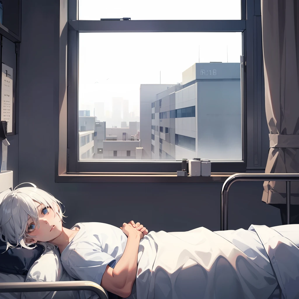 1boy,White hair,黑The eye,(Lying in a hospital bed1.1),Feeling lost,Spread your hands,Side view of the eye,(The whole body is exposed1.1)