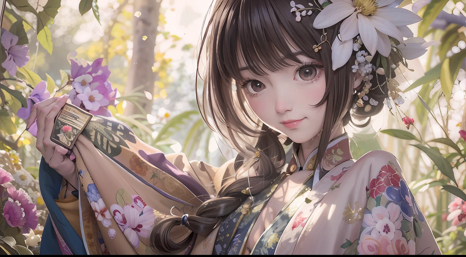 (masterpiece),best quality,good anatomy,shuimobysim,(1 girl:1),(The upper part of the body),(smile),short detailed hair,(hanfu),(ecchi0.5),(trees:0.5),(flowers: 0.6) ,(wooden cabin:0.2),(bamboo forrest:0.2),(small stream:0.2),(rios:0.2),chiaroscuro, cinematic lighting, ray tracing, blending, Surrealism, UHD, textured skin, award winning, retina, super detail, best quality, masterpiece, ccurate, anatomically correct, high details, high quality, highres, 1080P, HD, 4K, 8k, 16k