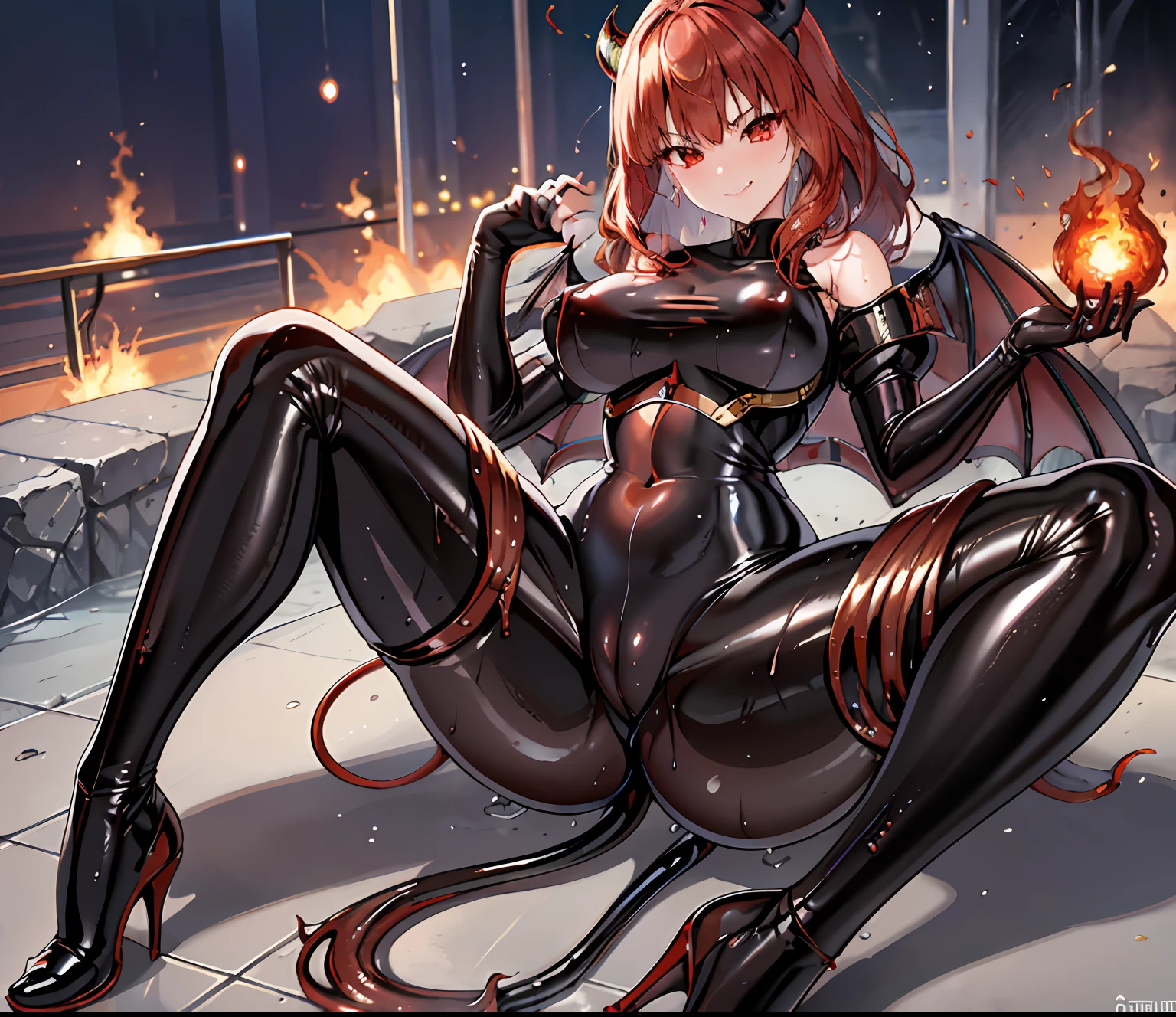 latex bodysuit, 1girl, red eyes, shiny suit, good quality, celica fe, ass, pov, sweat, wet skin, cameltoe, perfect hands, demon horns, demon tail, demon wings, smile, angry, grin, flame background,