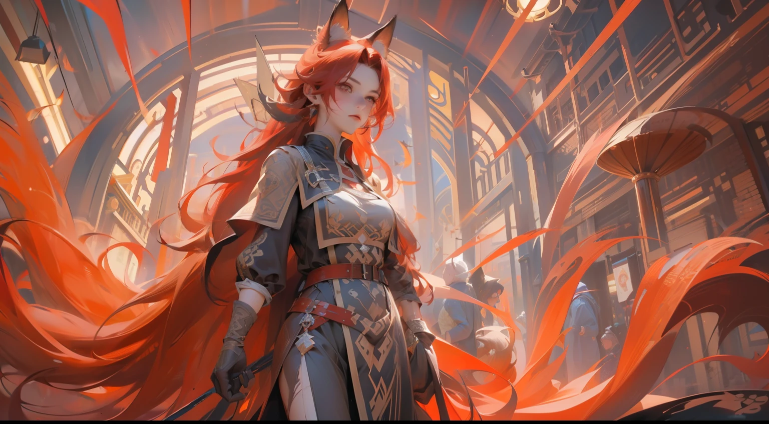 woman,knight-errant,a beauty girl,red tinted hair,Red tail, fox tails, fox ear, Clear big eyes, wide angles, photography of, Ultra photo realsisim, macro photograph, Award-Awarded, Cinematic lighting, Atmospheric perspective, 8K, Super detail, ccurate, Best quality, Textured skin, High details