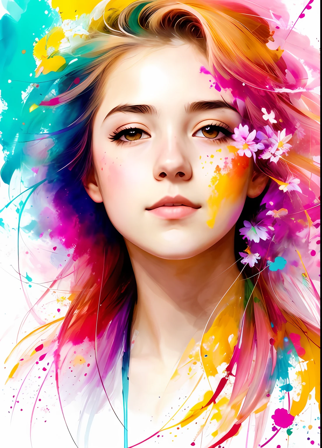 uma pintura de mse cute gato por agnes cecile,1 girl, sozinho, Design brilhante, cores pastel, cor do mudo, Telhas de tinta, luzes de outono, Criar uma obra de arte digital no estilo pop art, apresentando uma mulher vibrante e confiante com maquiagem ousada e moda colorida, Cubra com flores no cabelo, Cinematic Color Scheme, surrounded by abstract flower patterns,Flores Backgroung, Energetic brushstrokes, Humor should be dynamic.