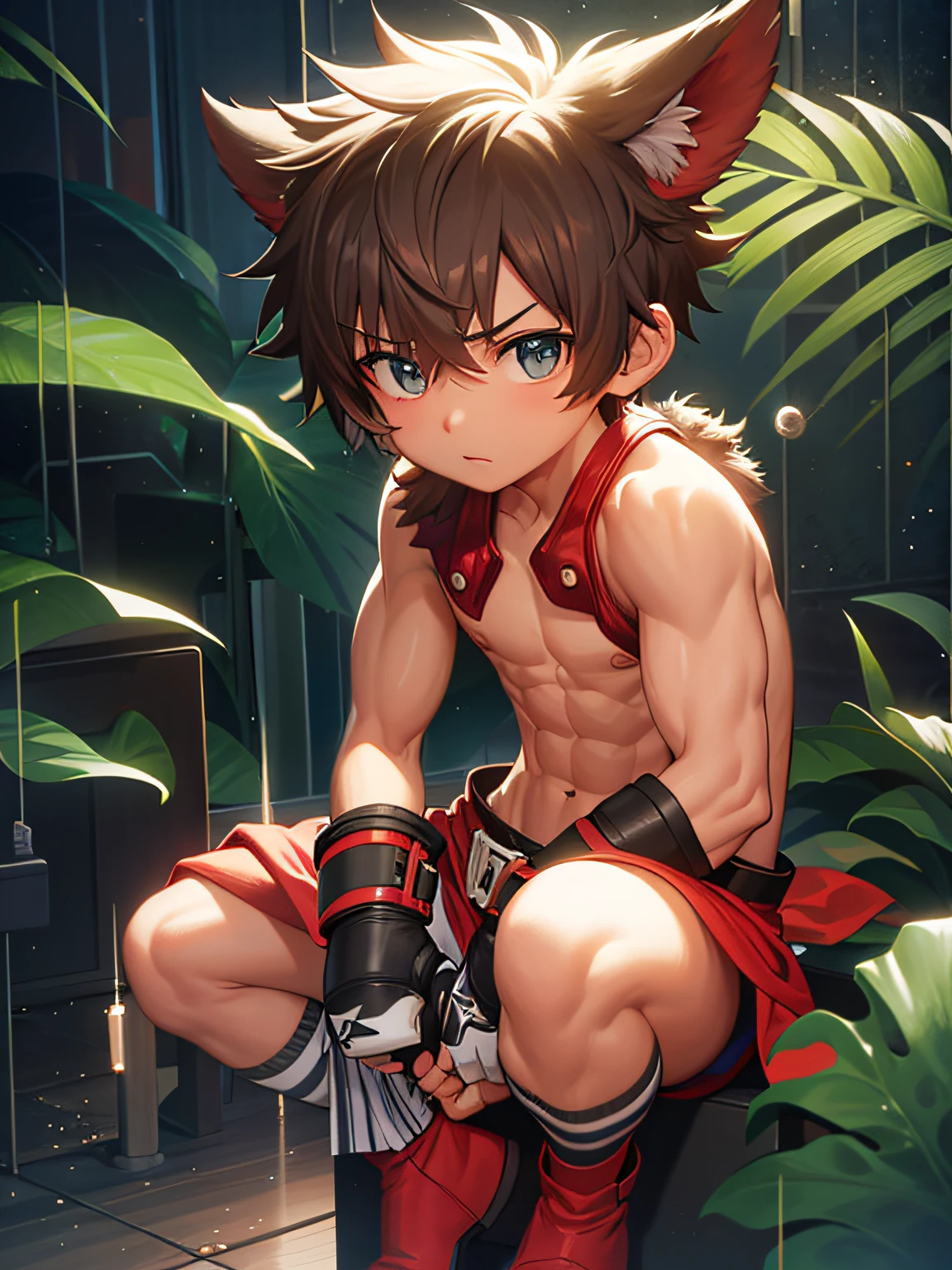 with abs, [ rigidly defined abs ]!!, [ adamantly defined abs ]!!，Boy wearing boxing gloves，Muscular!!，with no shirt on posing for a picture，fightingpose