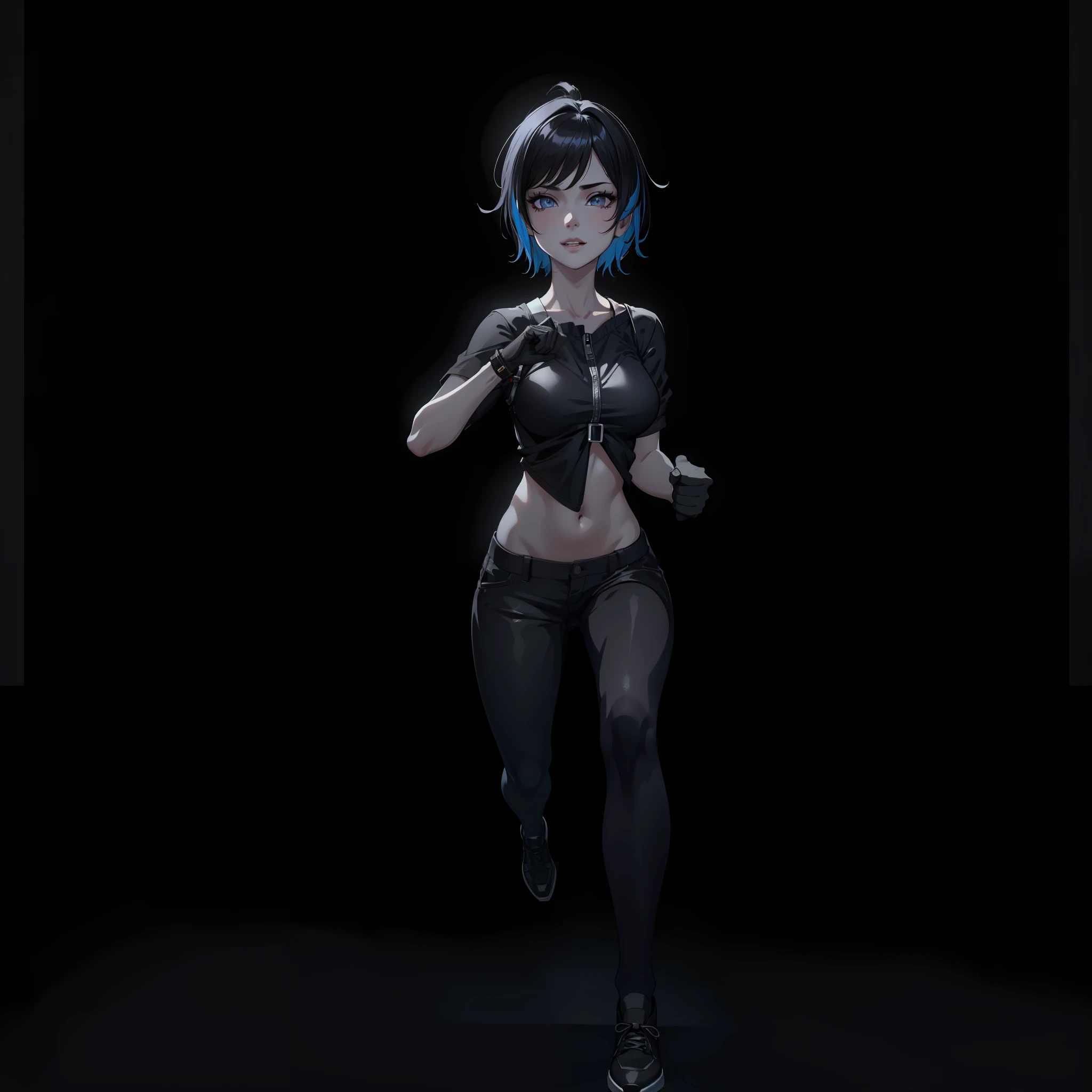 ((Best quality)), ((masterpiece)), ((highly intricate details)),beautiful, high quality, highres, absurdres, light difussion, intricate details, complex details, ((anime)), (anime:1.2) , (perfect face:1.3),colorful, highest detailed, vibrant colors, high contrast, (8K UHD:1.2), (photorealistic:1.2),(masterpiece:1.4), (best quality:1.4),extremely detailed wallpaper, highly detailed illustrations,(super-complex details) , 4K unified, (super-detailed CG: 1.2) , (8K: 1.2),(original), (masterpiece) , (best quality) , (reality: 1.3) , photorealistic, Octane rendering, (surreal: 1.2) ,((masterpiece:1.4, best quality:1.2)),1girl with sharp teeth, visible when a mischievous smile forms on her lips. She wears a tank top with a black jacket and pants, exuding an aura of mystery and power. Her short black hair is messy, adding a scruffy, wild look. His eyes, an intense white without the presence of a retina, emanate an unearthly sensation. Deep dark circles stand out on her pale skin, evidencing her tired and haunted appearance, ((night)), simple background, Dark black background, realistic, full entire body fun pose, render of a cute anime girl, modeled in poser