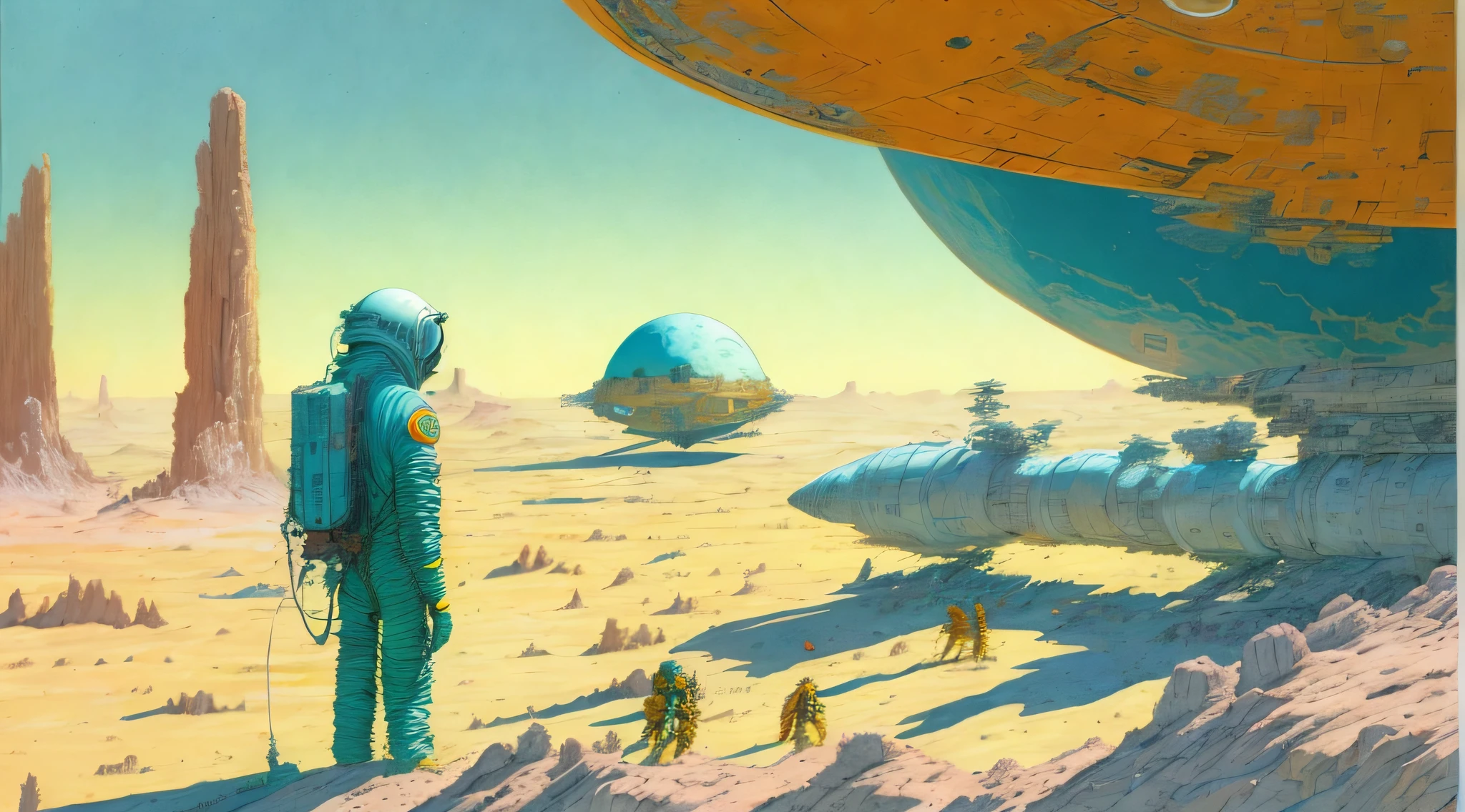 a painting of a Astronauts in Space Suit, repairing a large spaceship, another large spaceship in the background, alien planet, ringed planet by Moebius Jean Giraud