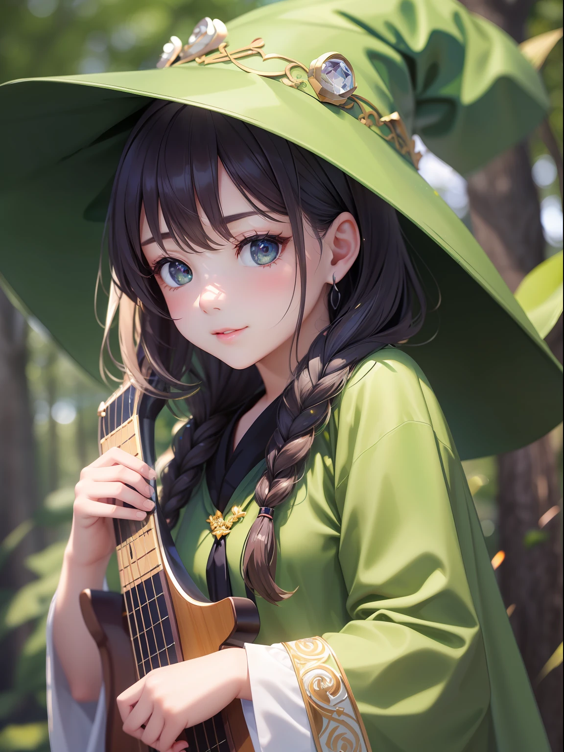 (Cute girl in braids wearing green witch hat), Simple Green Witch Hat, (Simple Green Witch Robe), Play the lute, (​masterpiece、side lights、Beautiful Eyes of Details:1.2)、(very intricate:1.3), (Realistic), in woods, ​masterpiece*portlate、realisitic、shinny skin、shinny skin、Facial light、Shiny face、(Teen girls)、Facial light、Shiny face、shinny skin、shinny skin、((portlate))、sface focus、Face Viewer、frontage, Blurry background, Blurred foreground, depth of fields, Motion Blur:1.3, Oversized shirt