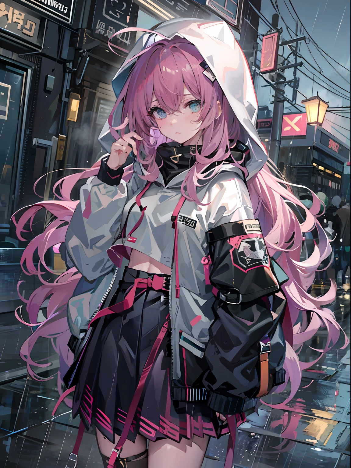 (tmasterpiece,best qualtiy:1.3),extremly high detail,复杂,8K,solo,The expression is sad,the wallpaper,cinmatic lighting,hoody, Short pleated skirt, the street, exteriors,Heavy rain, neonlight