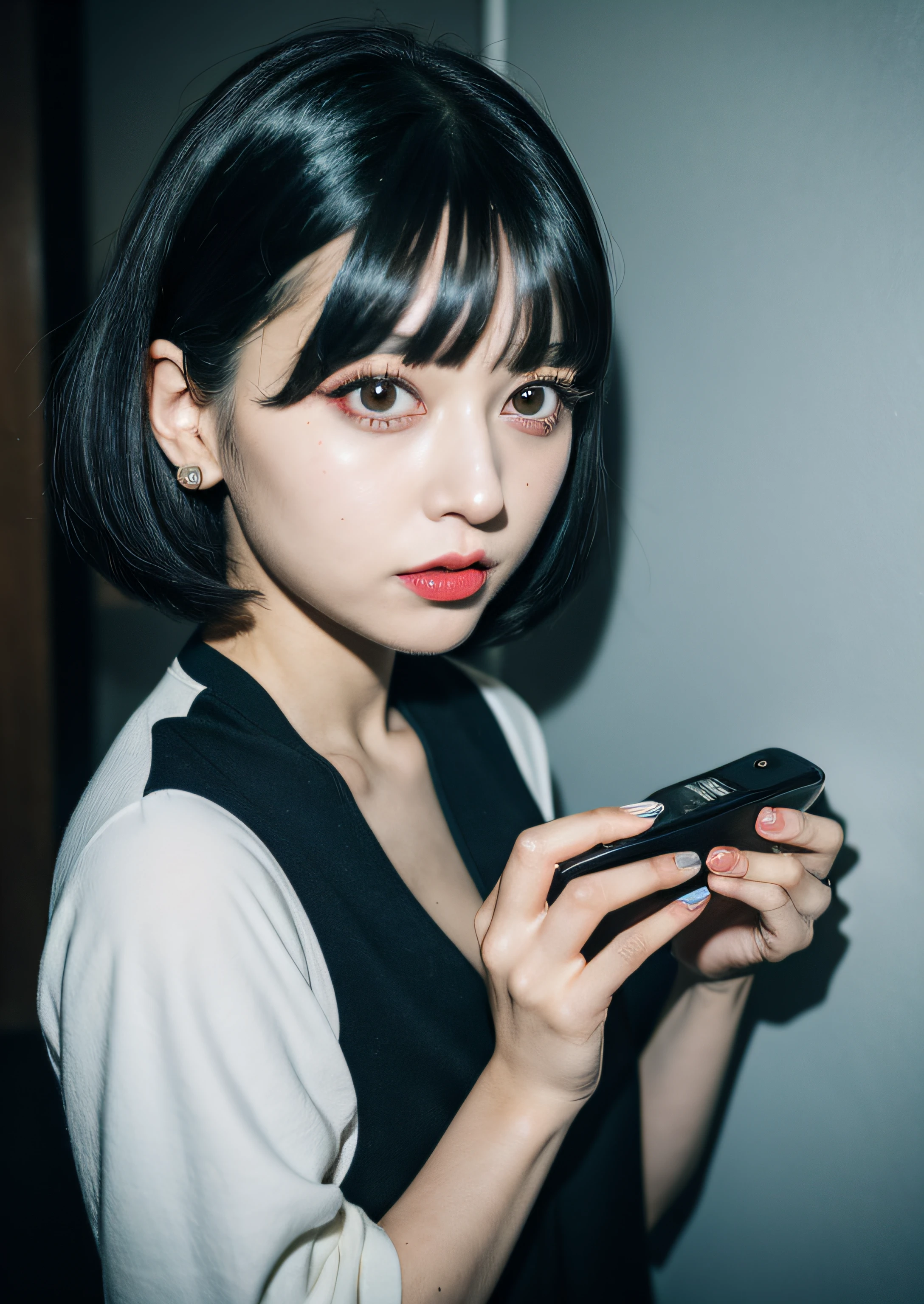 araffe with a white hair and a black top holding a cell phone, whitebangsblackhair, cruel korean goth girl, anime inspired, girl with short white hair, white hime cut hairstyle, anime vibes, black hair and white bangs, hair whitebangs hair, silver hair (ponytail), white bangs, white hair color, silver white hair, pale porcelain white skin