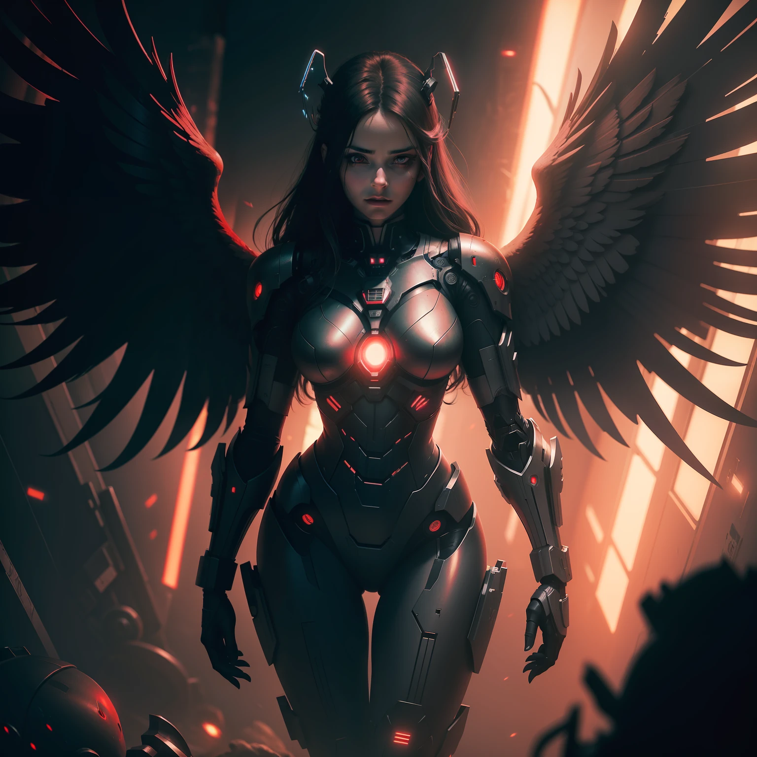 angel woman with robotic wings in a dark cyberpunk aesthetic, a smokey amd ominous red light background, horror, creepy, realistic, cinematic