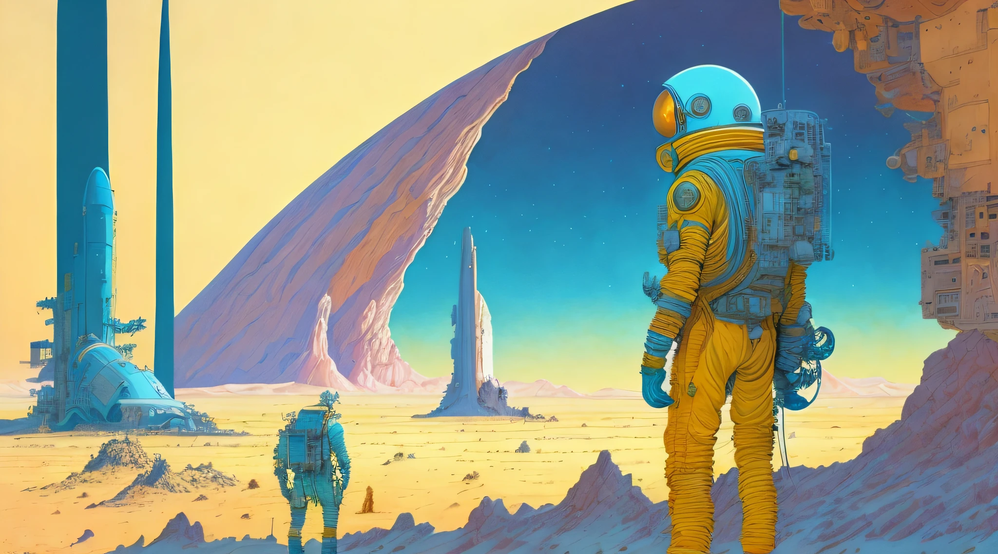 a painting of a Astronauts in Space Suit, repairing a large spaceship, another large spaceship in the background, alien planet, ringed planet by Moebius Jean Giraud