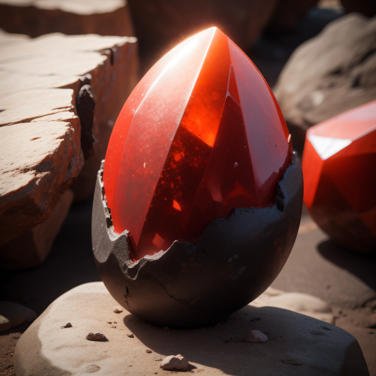 "an exotic red alien mineral sticking out of a rock"
