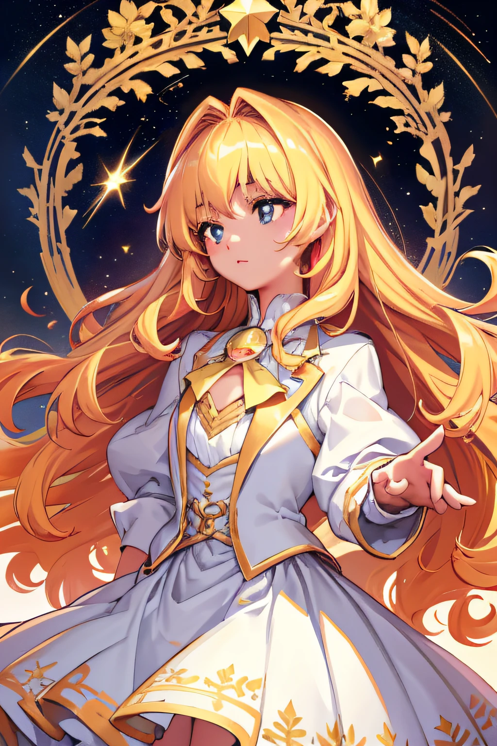 Girl under a shooting star,blond hairbl,curlies,Small chest,s girl,Girl under the stars,gentleness,Golden pupils,A princess,aristocratic clothes,Brilliant and colorful paintings,tmasterpiece,attention-grabbing