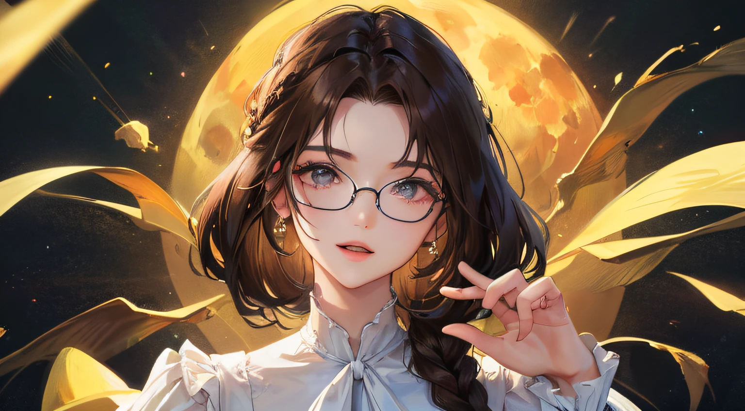 (Top resolution、Distinct_image) best qualtiy、(((1人の女性)))、masterpiece、ighly detailed、(natta)、((wave her hand))、eye glass、Semi-realistic、Brown hair、Braided hairstyle、ssmile、bangss、21 years old、Mature、年轻、White blouse、a moon、delicated facial features、Facial features、mid-shot、