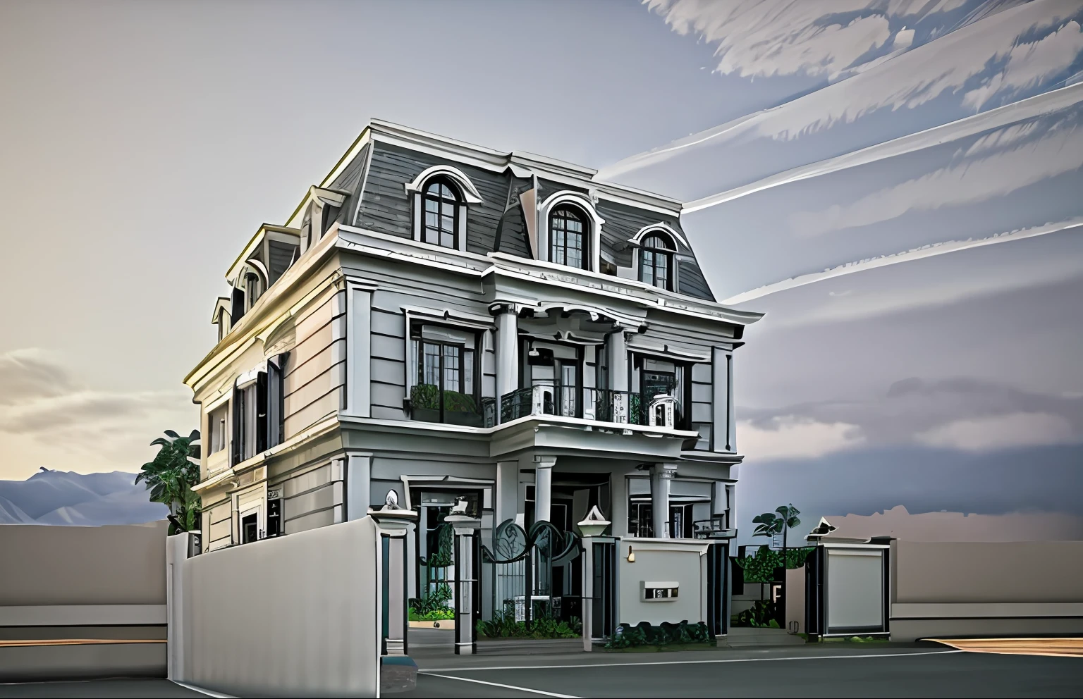a rendering of a two story house with a gate and a fence, neo - classical style, inter dimensional villa, neoclassical style, exterior design, precise architectural rendering, neo - classical, neo-classical, neoclassicism style, architectural rendering, wide angle exterior 2022, villa, vue 3d render, neo classical architecture, classicism style