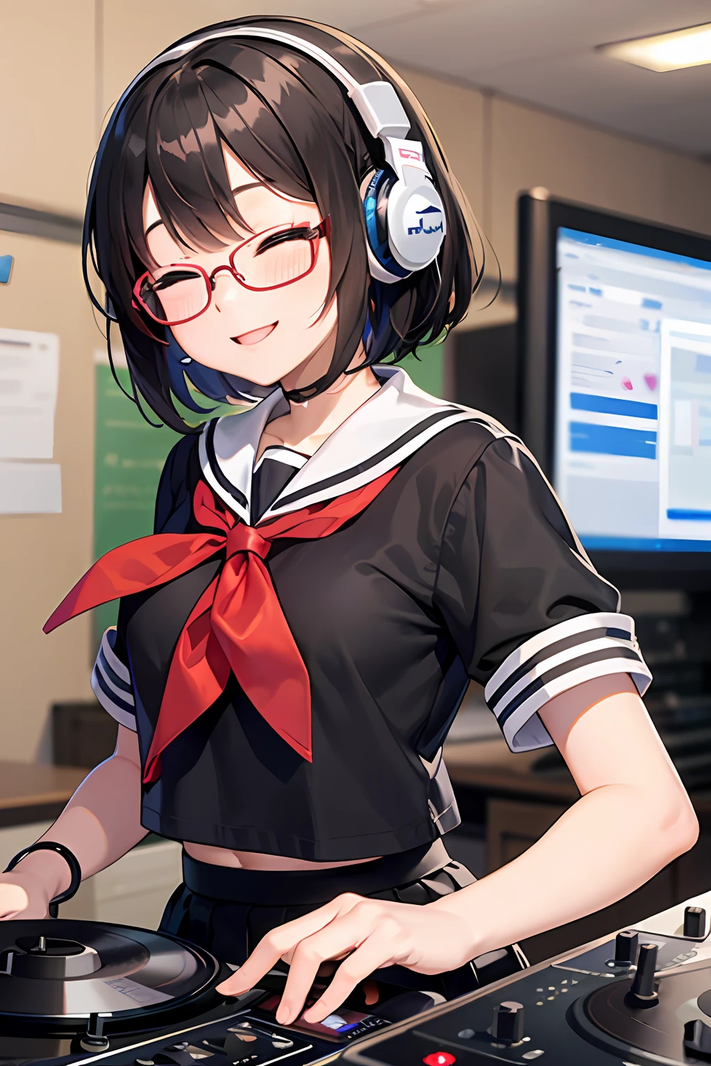 (1 、A dark-haired、short-hair、straight haired、hair adornments、eye closed、A smile、Black glasses、small tits、cute face)、Sailor suit with short sleeves、Sailor suit skirt、full body Esbian、camera view、Turntables on both sides of the mixer console、masterpiece、top-quality、DJ、Wearing headphones on the neck