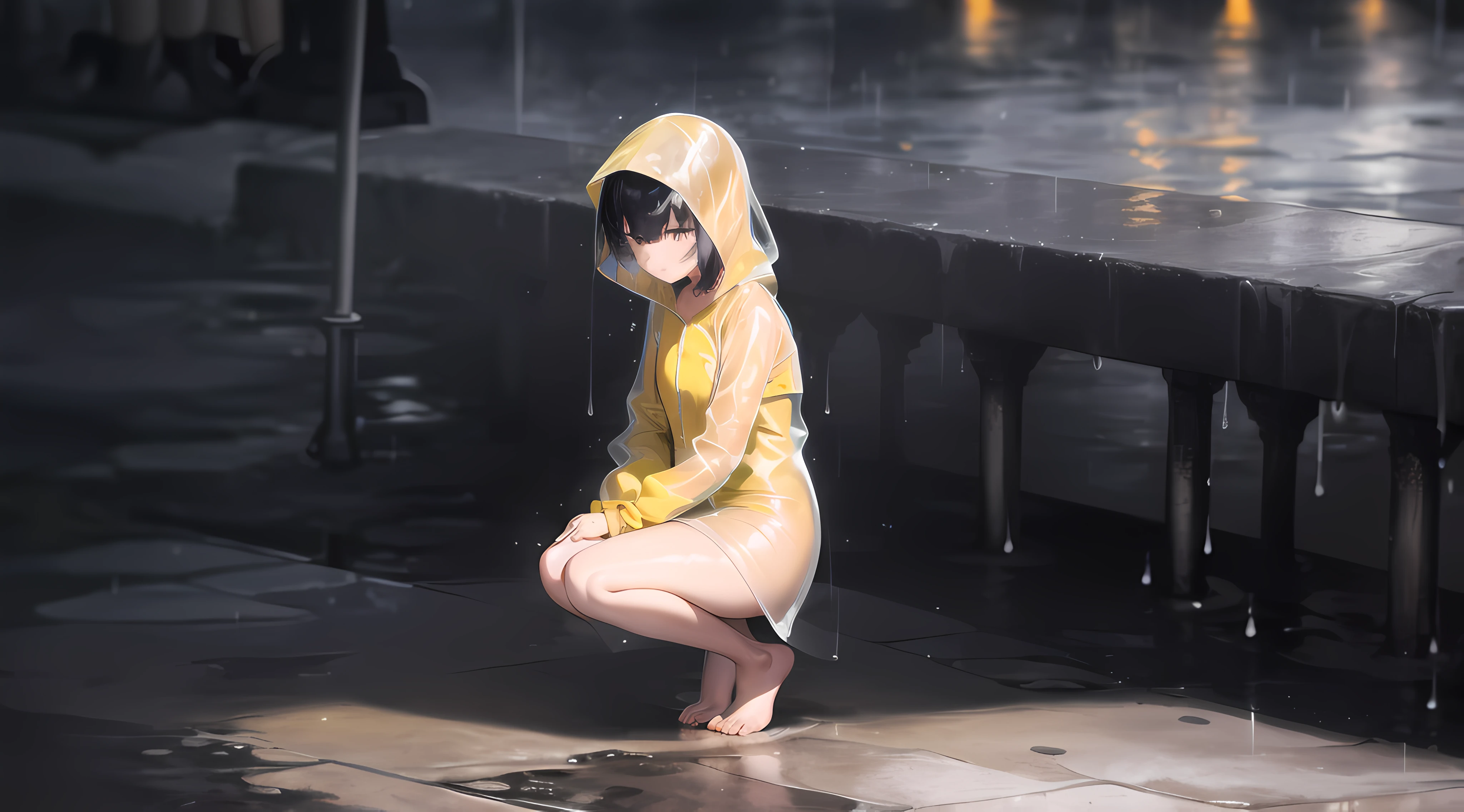 3D quadratic,Yellow raincoat girl in the rain,Optimized finger movements,Optimize toe detail