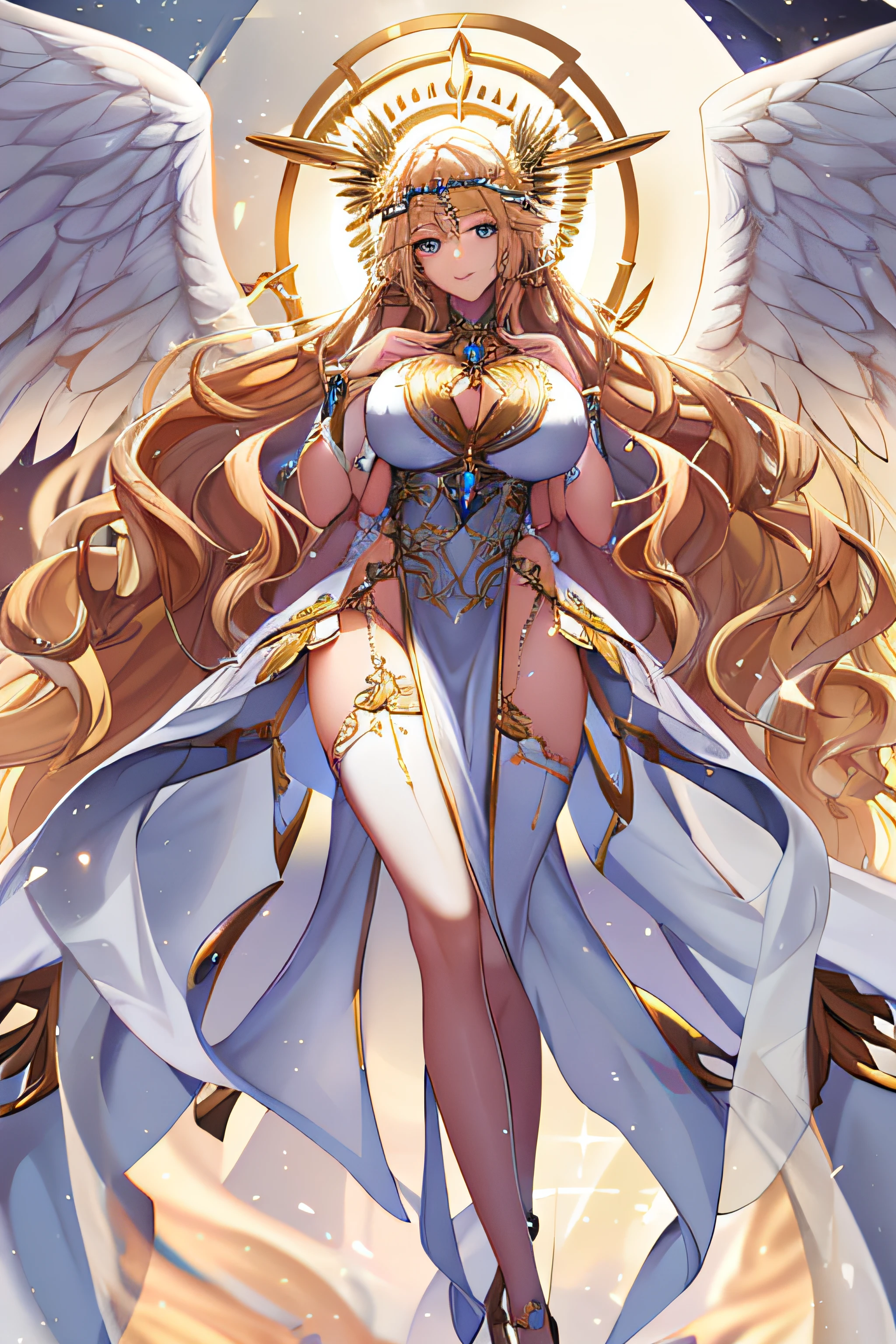 high priestess,Valkyrie,Angel wings,nabel,Side Chest,复杂,light particules,upper legs,shiny skins,Perfect litthing,1girll,looking at viewert,Headdress with wings,pelvis curtain,ssmile,(tmasterpiece),(Best quality at best),very Bigger breasts,maternal,Porcelain skin,Honey Blonde Hair,Very long hair,Wavy hair,Best quality at best,Perfect face,Normal proportions fingers