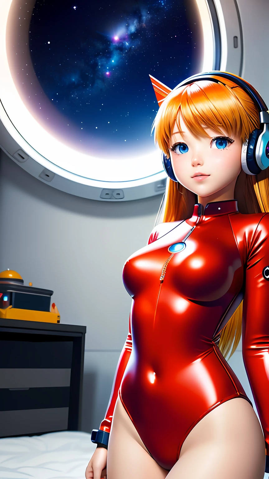 (masterpiece), (best quality), (photorealistic:1.3), (Overhead view),dynamic angle,ultra-detailed, illustration, close-up, straight on, 1girl, ((souryuu asuka langley, interface headset, red bodysuit:1.4, blonde)),Her eyes shone like dreamy stars,(glowing eyes:1.1),(beautiful and detailed eyes:1.1),(expressionless,closed mouth),(standing), (mechanic room with tools, machine guns, and spaceship window, an epic space view outside the window,  in a white SPACESHIP), (night:1.2),dreamy, [[delicate fingers and hands:0.55]::0.85],(detail fingers),