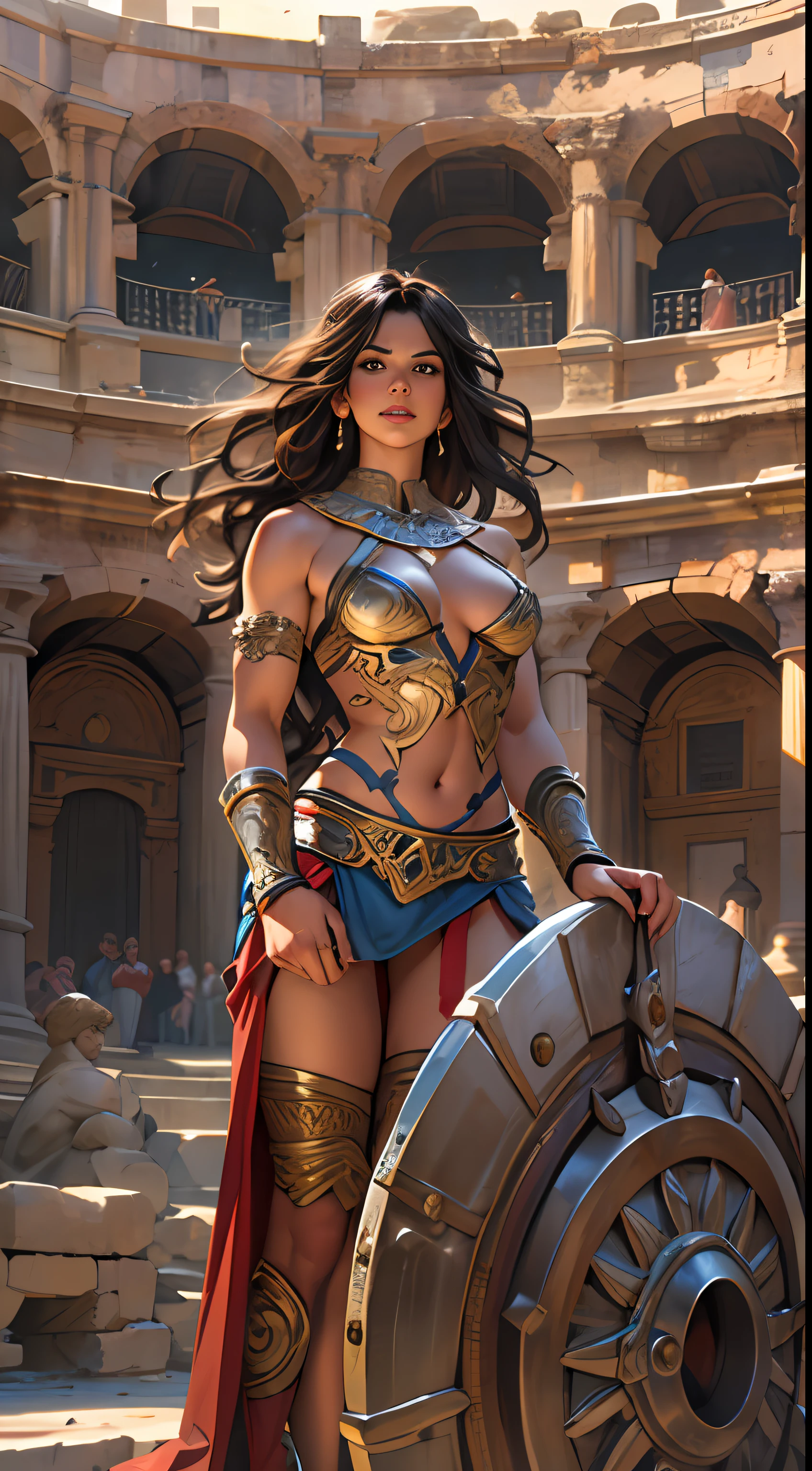 Muscular female gladiator, upper body revealed, legs uncovered from thighs to feet, flowing long curls, intricate muscular details, photorealistic artwork, 4K resolution. Background: Ancient Roman arena,wide view,32k uhd, best quality, masterpiece, super detail, high details