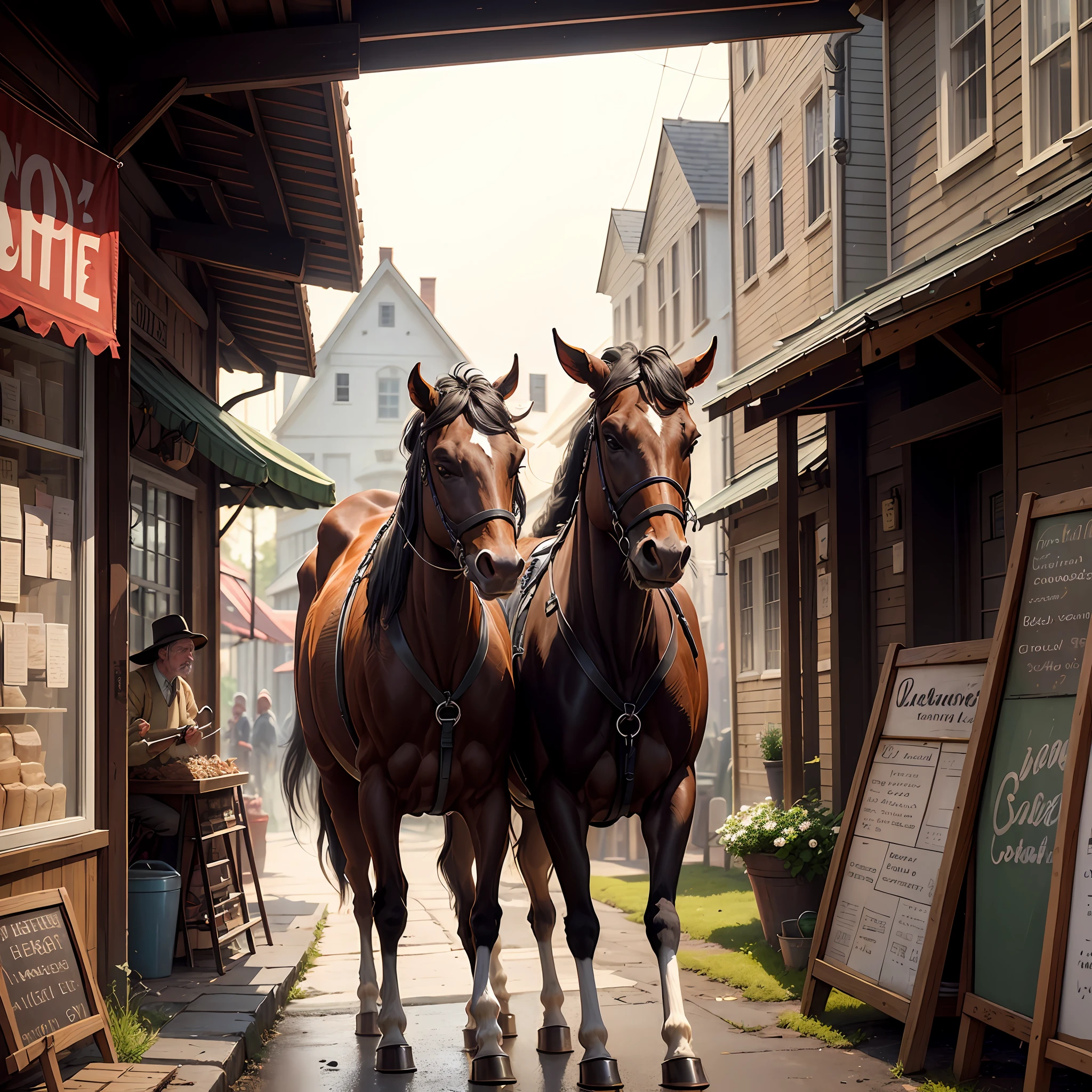 The bustling illustration depicts Reed City's main street on a lively market day in the mid-1800s. Horse-drawn wagons, carriages, and townspeople teem up and down the dusty road, ducking into shops and stops.
At the focal point is the stately Reed City Hotel, a three-story redbrick building with a grand front porch. Locals and travelers alike sip lemonade and chat out front, while just inside the lobby, the hotel staff scurry about attending to guests.
Across the street is the Livery Stable, where farriers shoe horses as wagons haul in goods to be sold. The Blacksmith next door rings with the clanging of hammer on anvil. Billows of smoke rise from his forge as he shapes red-hot horseshoes.
Nearby, ladies in bonnets and long cotton dresses stroll into the General Store. The shop owner stands on a ladder stocking shelves while children peer longingly at jars of candy. Down the road is Doc Brown's Office, where the kind doctor tends to patients.
The pleasing smell of baked goods wafts from the Bakery, where the baker slides fresh loaves and pies from the brick oven. Next door, the Bank's windows gleam, signs of Reed City's growing prosperity.
At the end of main street, cows meander into the Dairy Farm to be milked. Farmer John waves from atop his tractor, pausing to wipe his brow. Chickens and goats cluck about the yards of colorful wood-framed houses clustered just beyond the shops.
Though simple, Reed City pulsates with the friendliness and industry of small town life. Imagining this scene, you can almost hear the clop of hooves, creak of wagon wheels, and chatter of good-humored townsfolk echoing down main street. The wimmelbilderbuch illustration overflows with hardworking people and the promise of a growing community. --auto