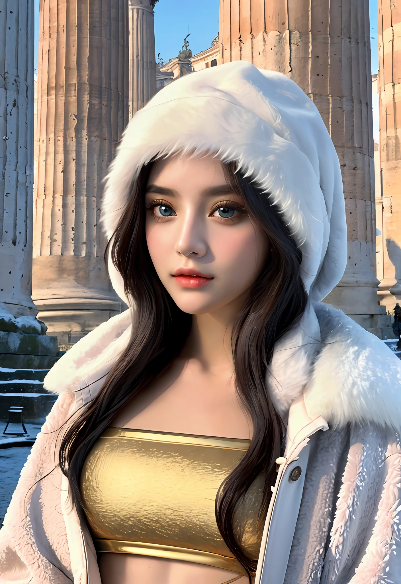 (Positive focus, Original photo), (2girls,duo,navel,Enter the Pantheon in Rome,crowd,winter,Snowy),Surrealistic Female Portraits by David Hockney and Alphonse Mucha, Fantasy art,Wear gorgeous furs, (Blue pupil: 1.4, shiny pupils: 1.4, Big eyes: 1.1), Photo fidelity, Dynamic lighting, Art Station, poster for, voluminetric lighting, Very detailed face, 4K, Award-winning, Shadows, understated, (official outfit: 1.4, Gorgeous fur, Complex clothing, Furs), Looking at the camera, Bust Up Shot, (Realistic face)),