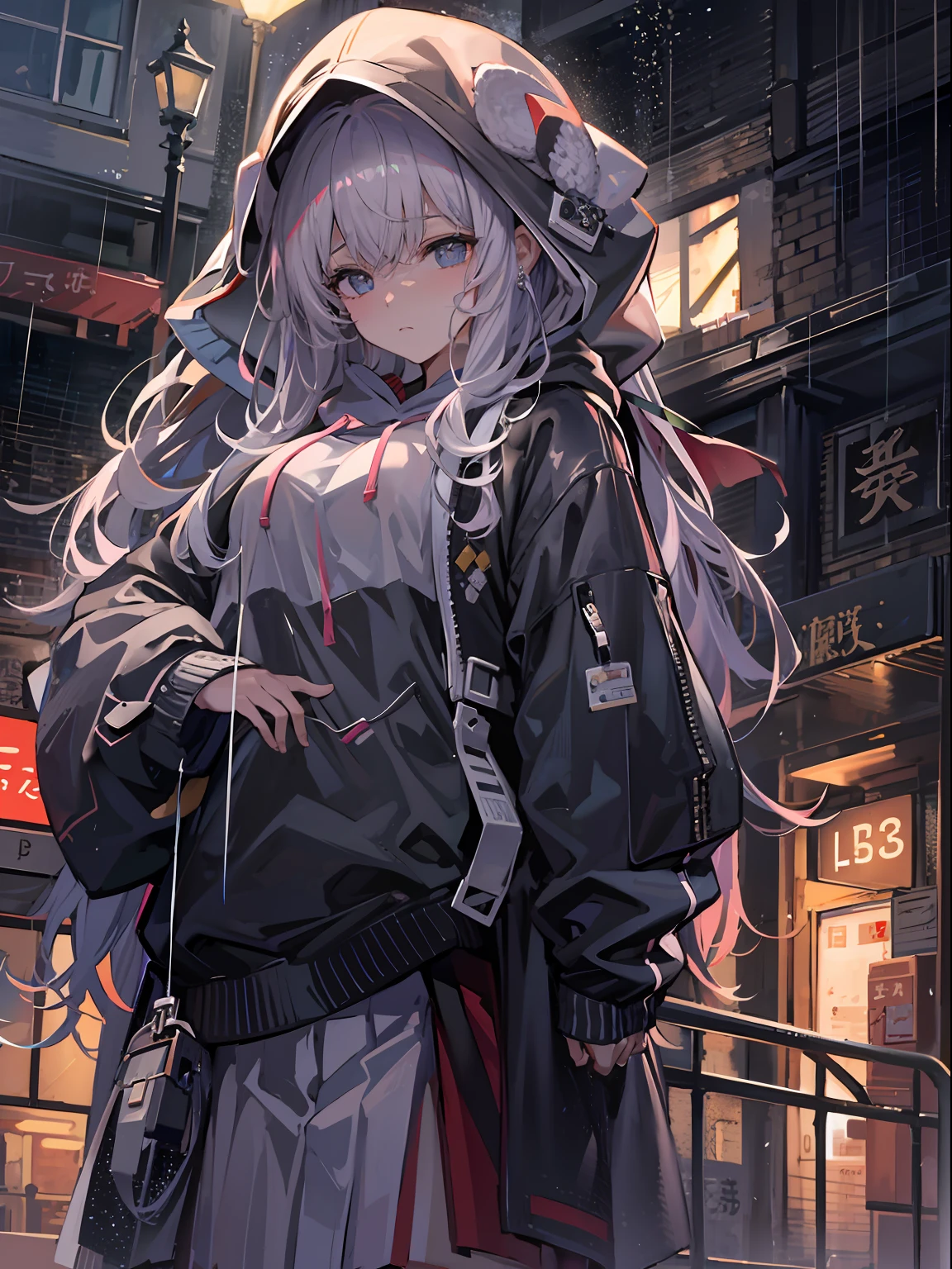 （tmasterpiece，best qualtiy：1.3），extremly high detail，复杂，8K，Solo，The expression is sad，the wallpaper，cinmatic lighting，hoody， Short pleated skirt， the street， exteriors，heavy rain， neonlight