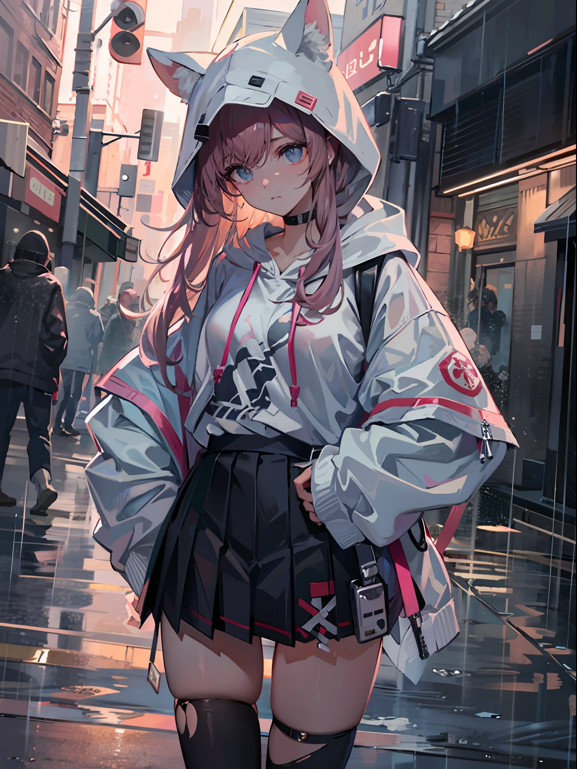 （tmasterpiece，best qualtiy：1.3），extremly high detail，复杂，8K，Solo，Clear eyes，The expression is sad，the wallpaper，cinmatic lighting，hoody， Short pleated skirt， the street， exteriors，heavy rain， neonlight