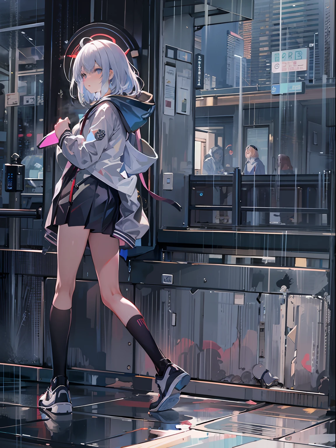 （tmasterpiece，best qualtiy：1.3），extremly high detail，复杂，8K，Solo，Clear eyes，The expression is sad，the wallpaper，cinmatic lighting，hoody， Short pleated skirt， the street， exteriors，heavy rain， neonlight