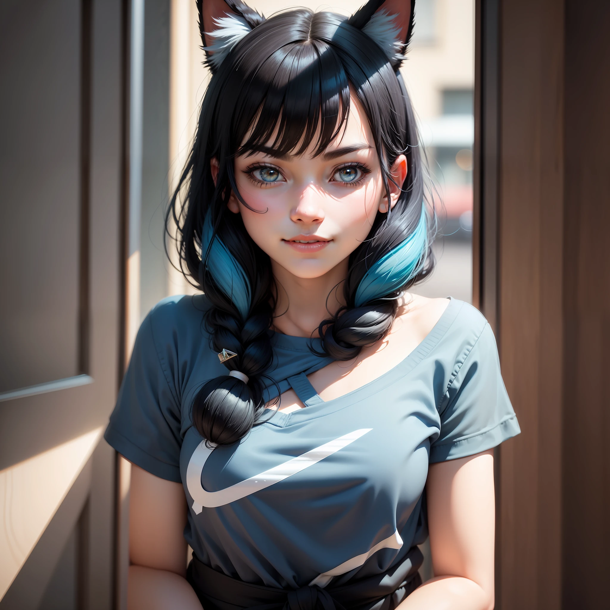 black hair, hair bobbles, wince, longeyelashes, solid circle eyes, fake animal ears, light smile, ear blush, fang, light blue hair, Surrealism, drop shadow, anaglyph, stereogram, tachi-e, pov, atmospheric perspective, Carl Larsson, Dadaism, chiaroscuro, depth of field, image fill, motion lines, optical illusion, first-person view, Eye-Level Shot, 8k, super detail, ccurate, best quality