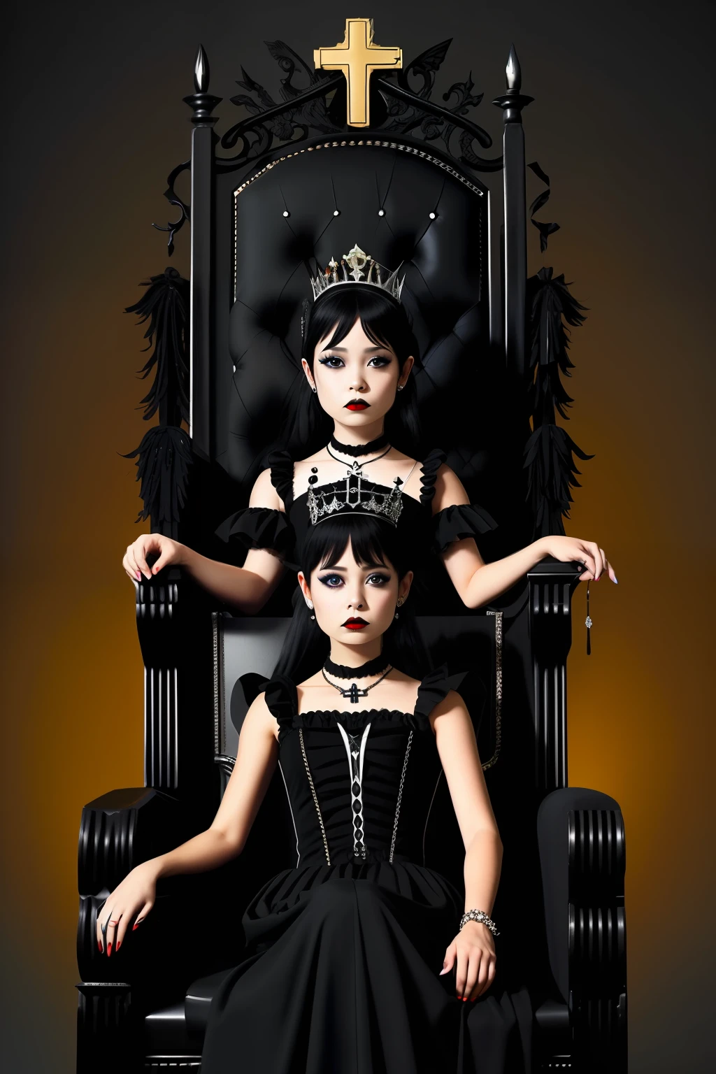 Gothic,rosette,darkly,crosses,a throne,tiara crown,Black hair with double ponytail,chiquita,Smoky makeup,sceptre
