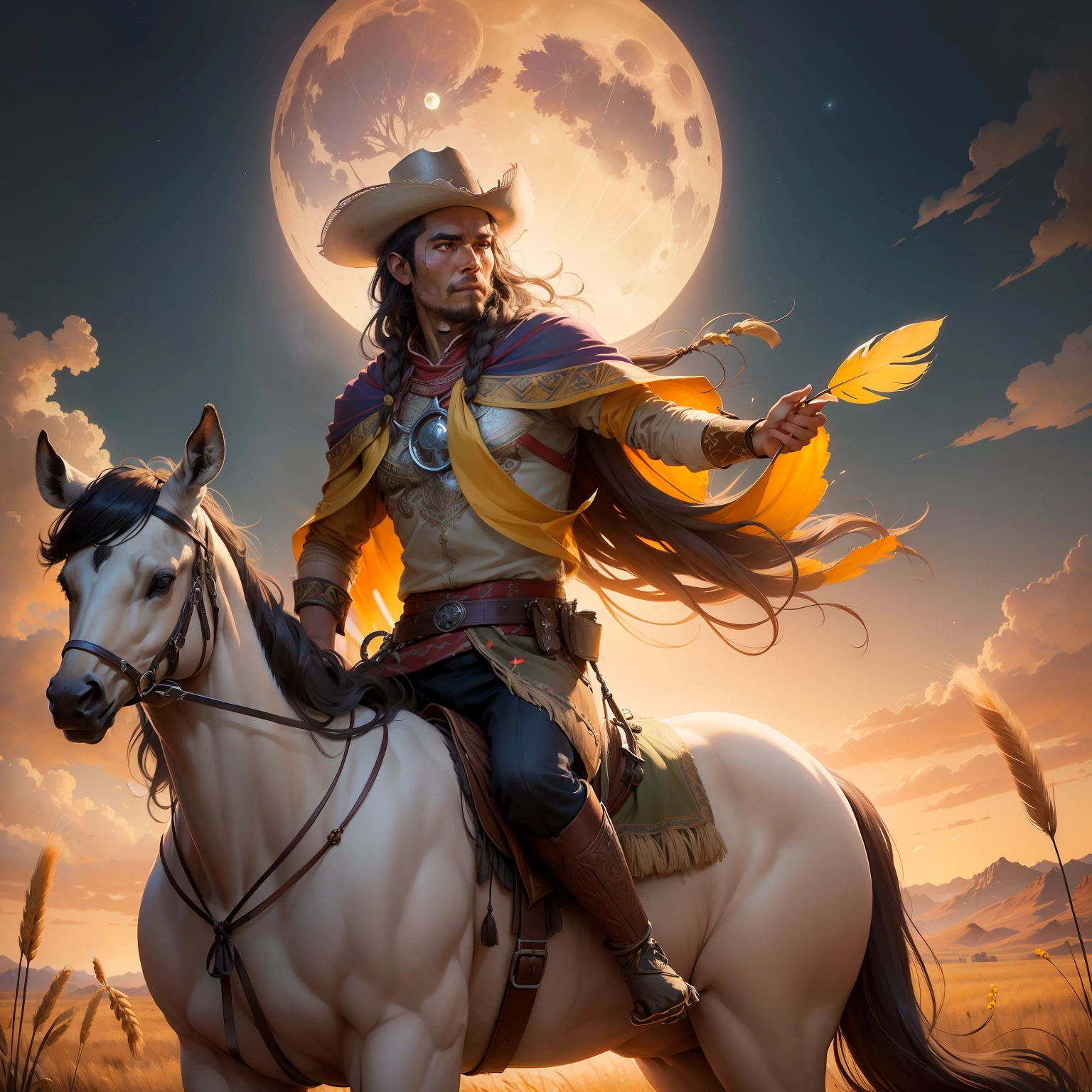 A man riding a deer in a wheat field with small flowers, The Moon and the Sea A man dancing in a wheat field with small red and yellow roses with perfect symmetrical faces, Indigenous feather jewelry, Traditional handmade dress, warrior hunter armed, (((Far West))) environnement, Utah landscape, ultra realist, Art conceptuel, elegant, ((complexe)), ((highly detailed)), profondeur de champ, ((professionally colorful)), soft ambient lighting, twilight, 8k, dessin par Artgerm et Greg Rutkowski et Alphonse Mucha