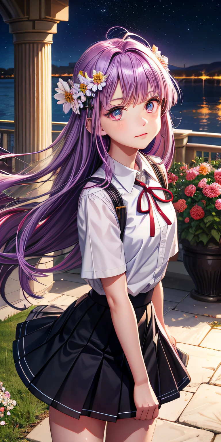 realisticlying，1girl，Purple colored hair，White eyes，glowing light eyes，Cut the top，a skirt，parted lip，Be red in the face，the night，fresh flowers，suns，rays of sunshine，Hinata