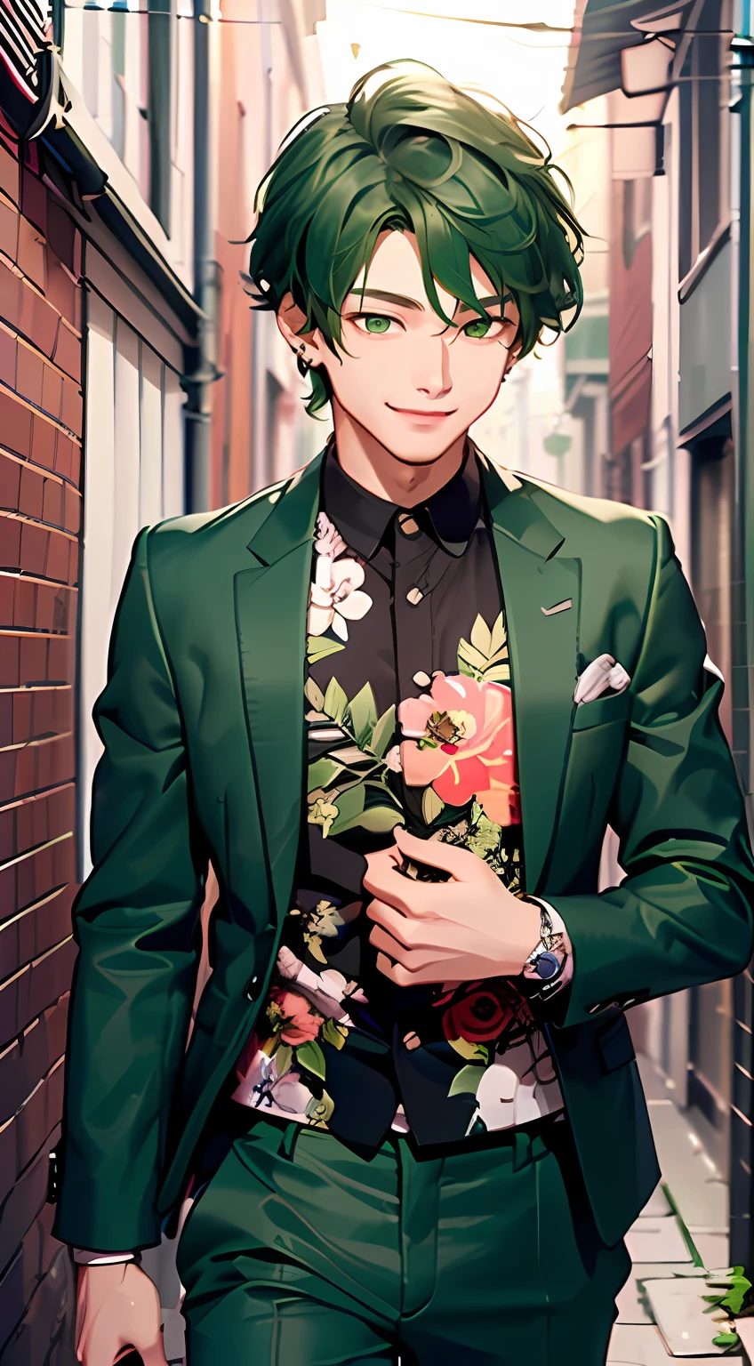 (top-quality:1.4、8K Super Detail CG Wallpapers)、(cute young man、Green eyes and short green hair:1.2)、Floral black suit and long pants、kindly smile、piercings、The background is a back alley