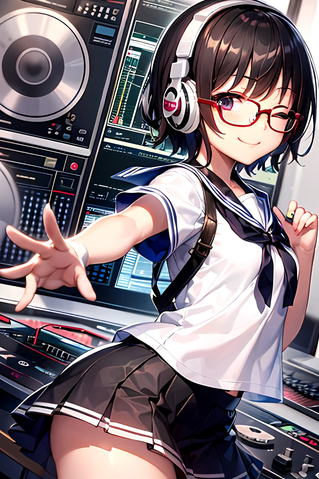 (1 Junior High School Girl、A dark-haired、short-hair、straight haired、hair adornments、eye closed、A smile、Black glasses、small tits、cute face)、Sailor suit with short sleeves、Sailor suit skirt、full body Esbian、camera view、Turntables on both sides of the mixer console、masterpiece、top-quality、nffsw、Wearing headphones on your neck