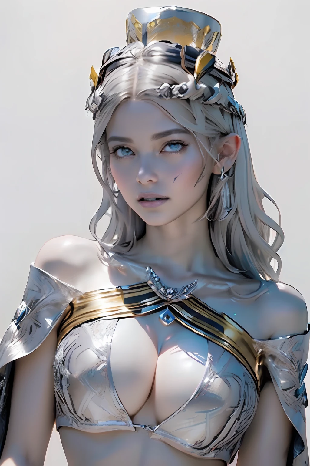 Ultra-detailed complex 3D rendering of the face, (masterpiece, top quality, octane rendering,), glamour shots full body image, very beautiful young elves, cleavage, (highly detailed skin: 1.2), (exposure: 1.1), ((blue micro bikini: 1.95)))). , 8k, (((very soft breasts)), (((conspicuous large pink areola)), beautiful Caucasian woman with white skin with full soft breasts with big buttocks, one, long braided hair, big breasts, dynamic angles, (((huge breasts: 2.4)), ultra-realistic photos, ((((((silver hair)))), futuristic urban background, facial muscles, (((((detailed and glamorous silver crown)))), In the style of Marvel Comics, ArtStation Trends, Clear Focus, Intricate Details, Very Detailed, Detailed Green Eyes, Sharp Focus, Digital Rendering, Professional, Abs, Lip Gloss, Glossy Skin, Sexy Pose, Golden Tattoo All Over Body, Silver Pattern All Over Body, Silver Lame Skin, Gold Glitter Skin, Mansuji, Buttocks, Jeweled All Over the Body, with silver scales, silver hair,