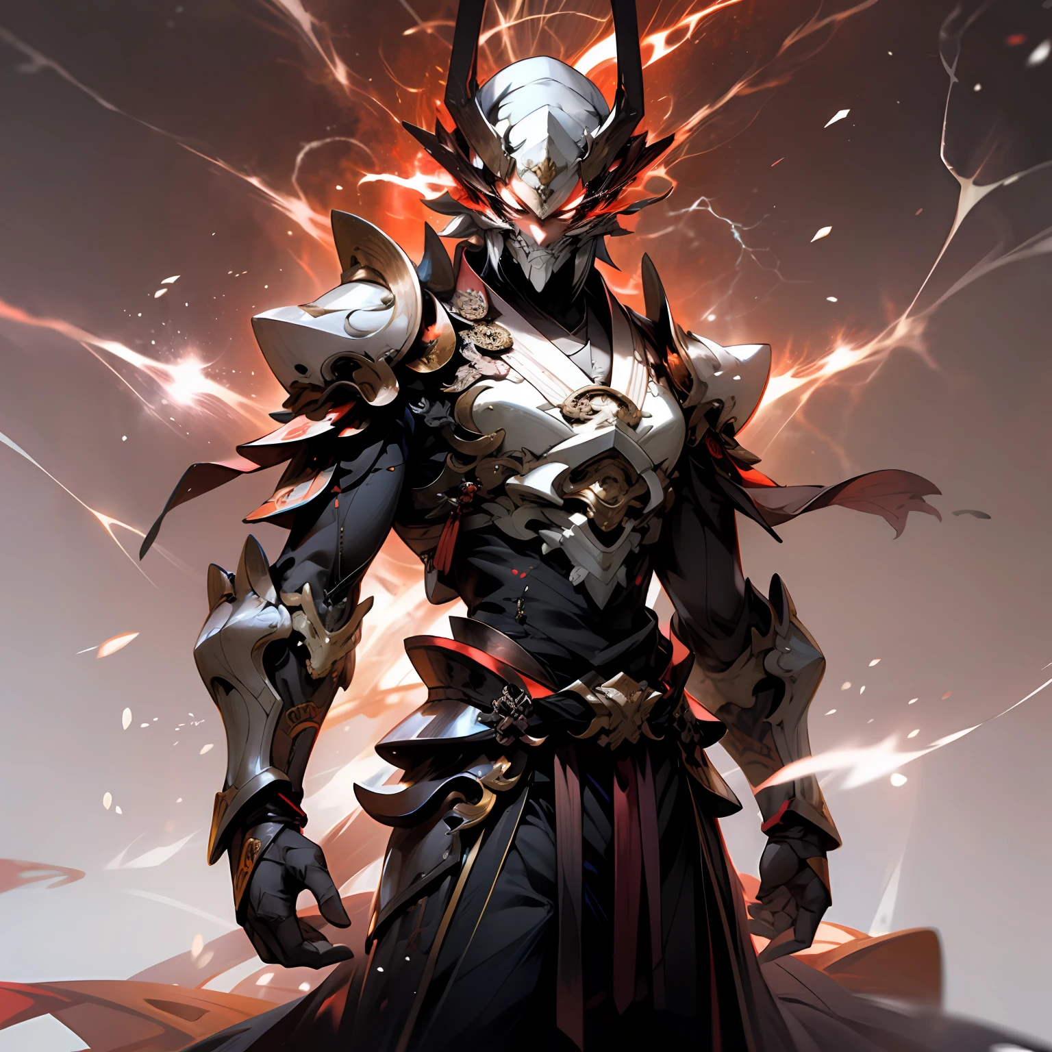 Nichimanga style, Zen ZEN, 1 man, delicate face, wearing armor, surrounded by Chinese characters, with lightning bolts on his body, a divine dragon behind his back, perfect hands, normal fingers, zen