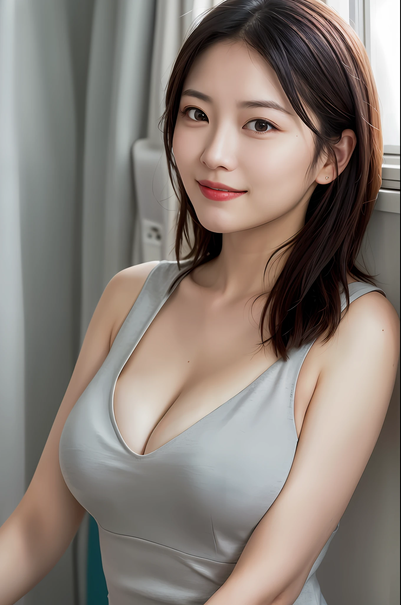 dress, (photograph realistic:1.4), (Ultra photo realsisim:1.4), (realisticlying:1.3),
(Smoother lighting:1.05), (increase cinematic lighting quality:0.9), 32K,
1girll,20岁女孩,realistic illumination,The light from the back window is backlighted,light in face,Ray traching,(Brighten light:1.2),(enchanced quality:1.4),
(best quality real texture skin:1.4),Fine Detailed Eyes,finerly detailed face,
(tire、sleepy、delight:0)、(laughingly:0)、closeup of face、Deep VT shirt、
(Increased Body Line Mood:1.1),(Increases skin texture and beauty:1.1)cleavage