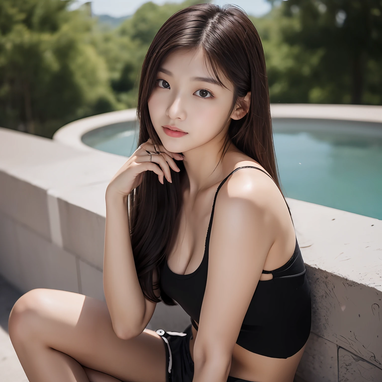 18 year old Korean girl,Shoulder-length hair,Long bangs,White single-neck off-the-shoulder top,Black underwear,Black shorts,White shoes,