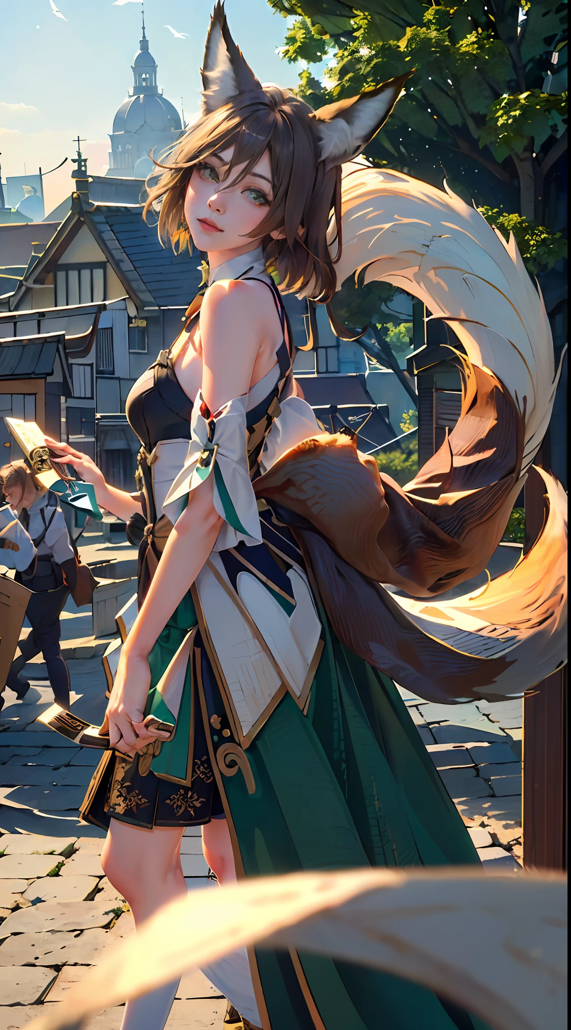 1girl, official, green eyes,(fox ears,fox tile:1.2), Folding fan in one hand, another hand rings the bell, brown hair, Surrealism, depth of field, textured skin,(dutch angle),looking at viewer, (from side, head tilt ,leaning back:1.5) ,UHD, masterpiece, high quality, high details, 8k