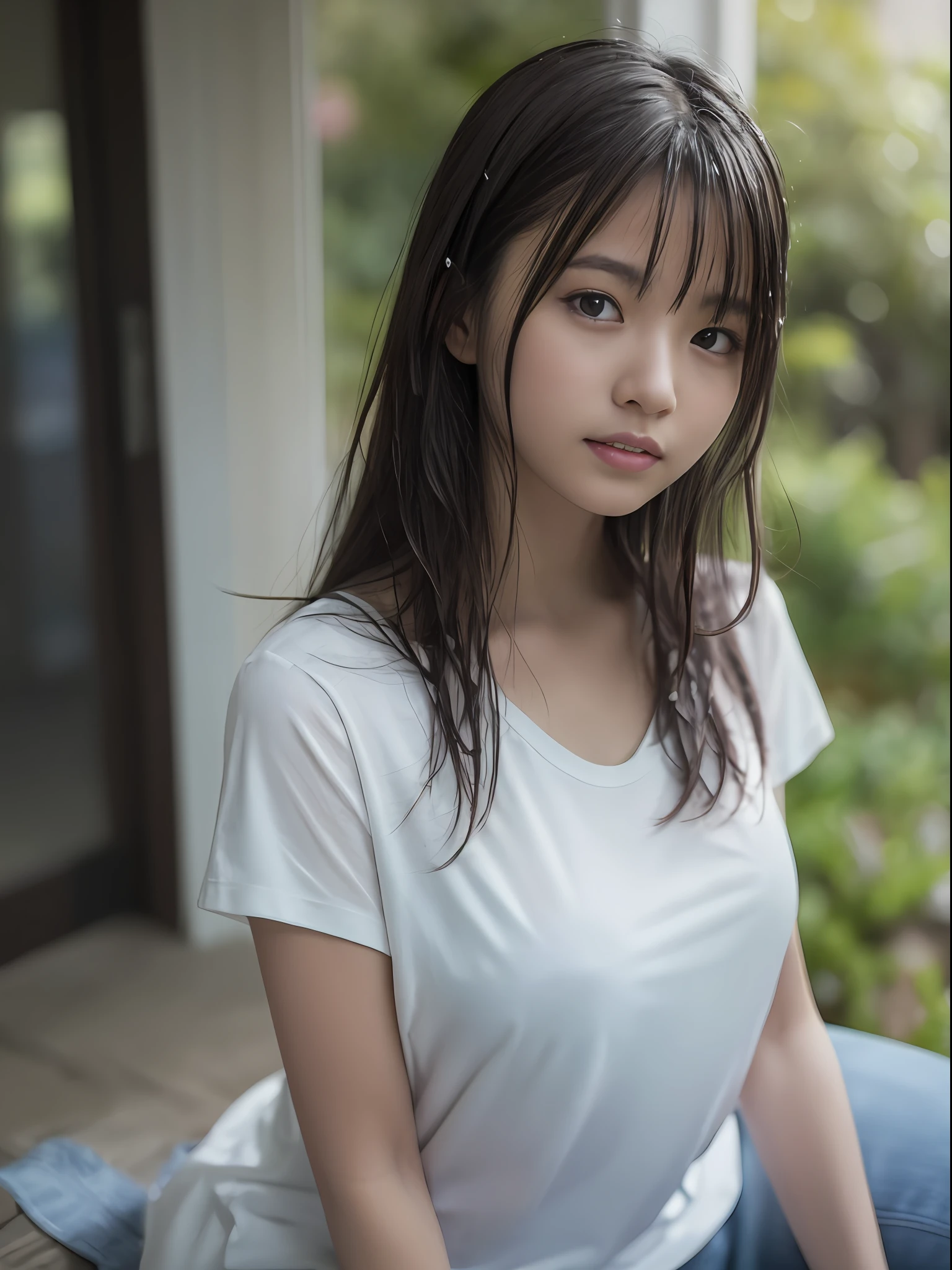 portrait of the (Wet milk:1.2) Dark hair, Woman sitting on porch, [ : White shirt : 18], White top T-shirt shows through, Slate atmosphere, Cinematic, dimmed colors, dark shot, Muted colors, Film grainy, lut, Insane details, Intricate details, hyperdetails, gros-plan, Twilight、Happy smile、realisitic、Live action、Orange sunset、Sun flower