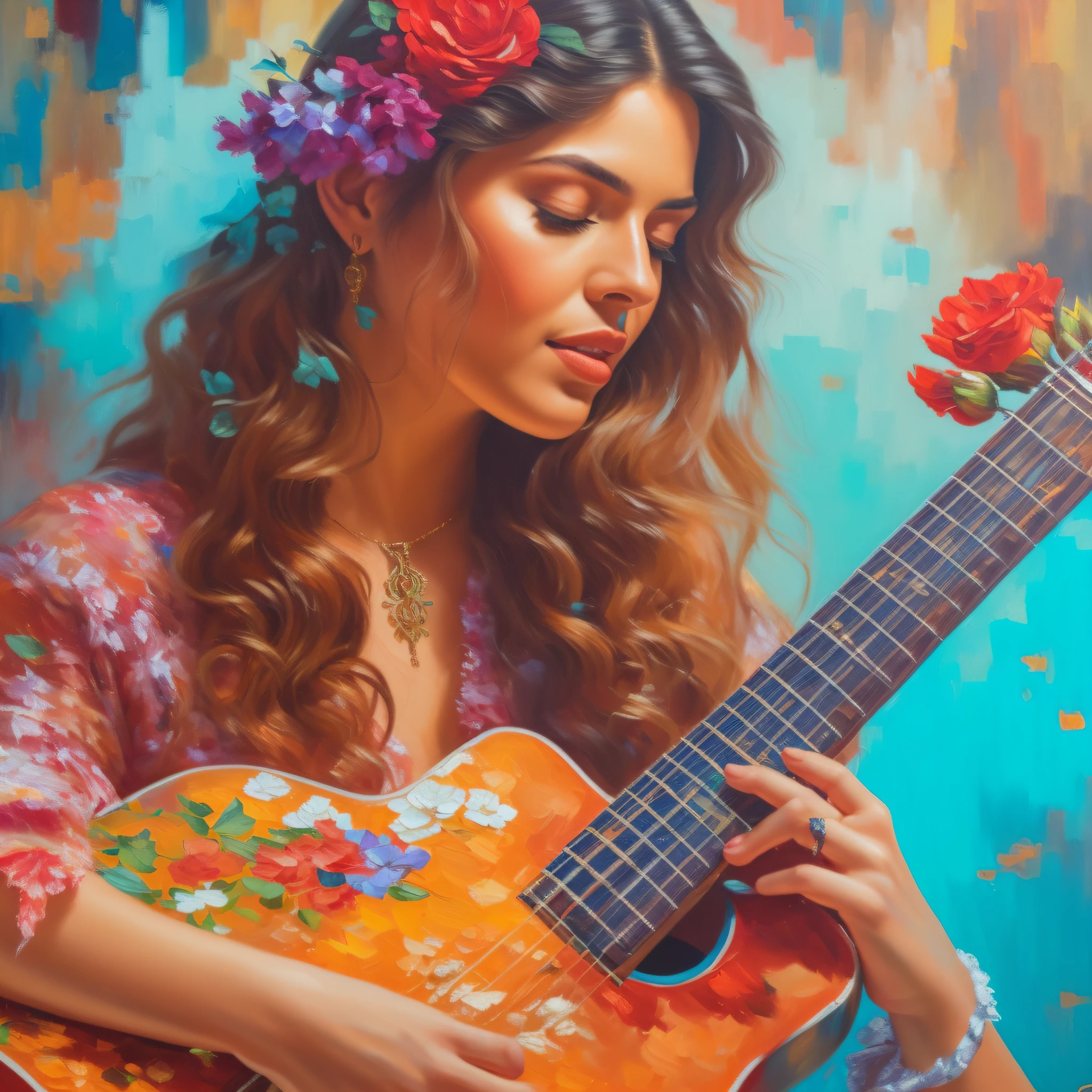 Painting of a woman with a guitar and flowers in her hair, Daniel Lezama estilo de pintura, Arte bonita UHD 4K, pintura detalhada 4K, Jen Bartel, bela arte digital, arte detalhada, oil painting style, Diego Dayer, 4 k oil painting, 4 k oil painting, detailed 4 k oil painting, James Estilo de pintura Gurney