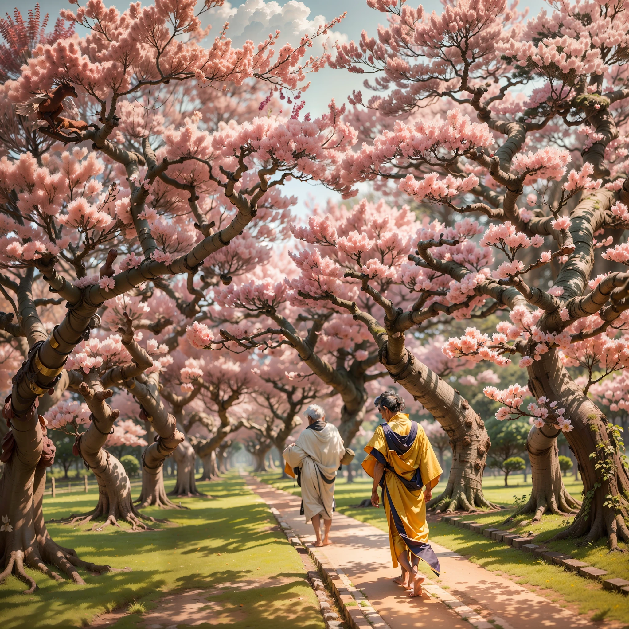 Andarilho, monge antigo, esfarrapado, Barefoot walking in a grove, apoiado em um cajado, cajado de ouro, velho se apoiando em cajado, bosque de plantas em formato de bonsai, Gorgeous cherry trees in the background, riacho corrente