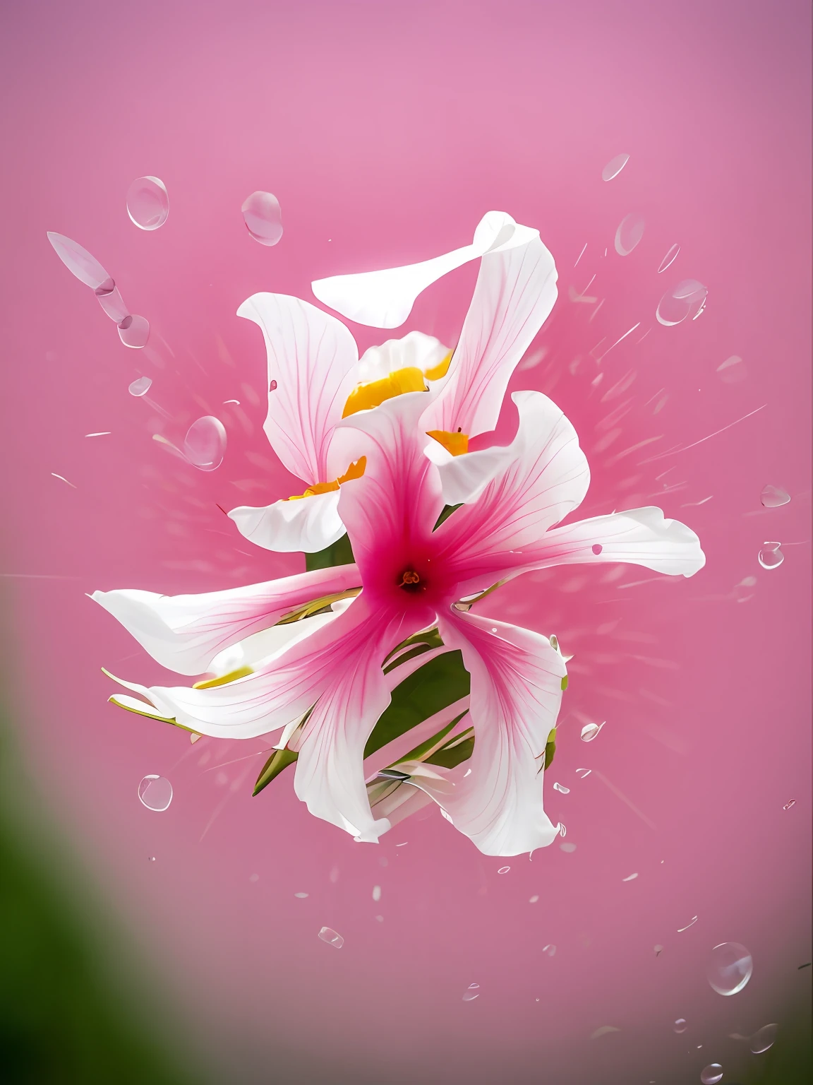 There is a pink flower floating in the air,There are bubbles, pink petals fly, Angel's trumpet, surreal waiizi flowers, Pink petals, falling flower petals, Soft petals fly, lily petals, sergey zabelin, author:Etienne Dressett, author:Dietmar Dammelau, author:Matthias Wescher, depicting a flower, pink flower, look from down
