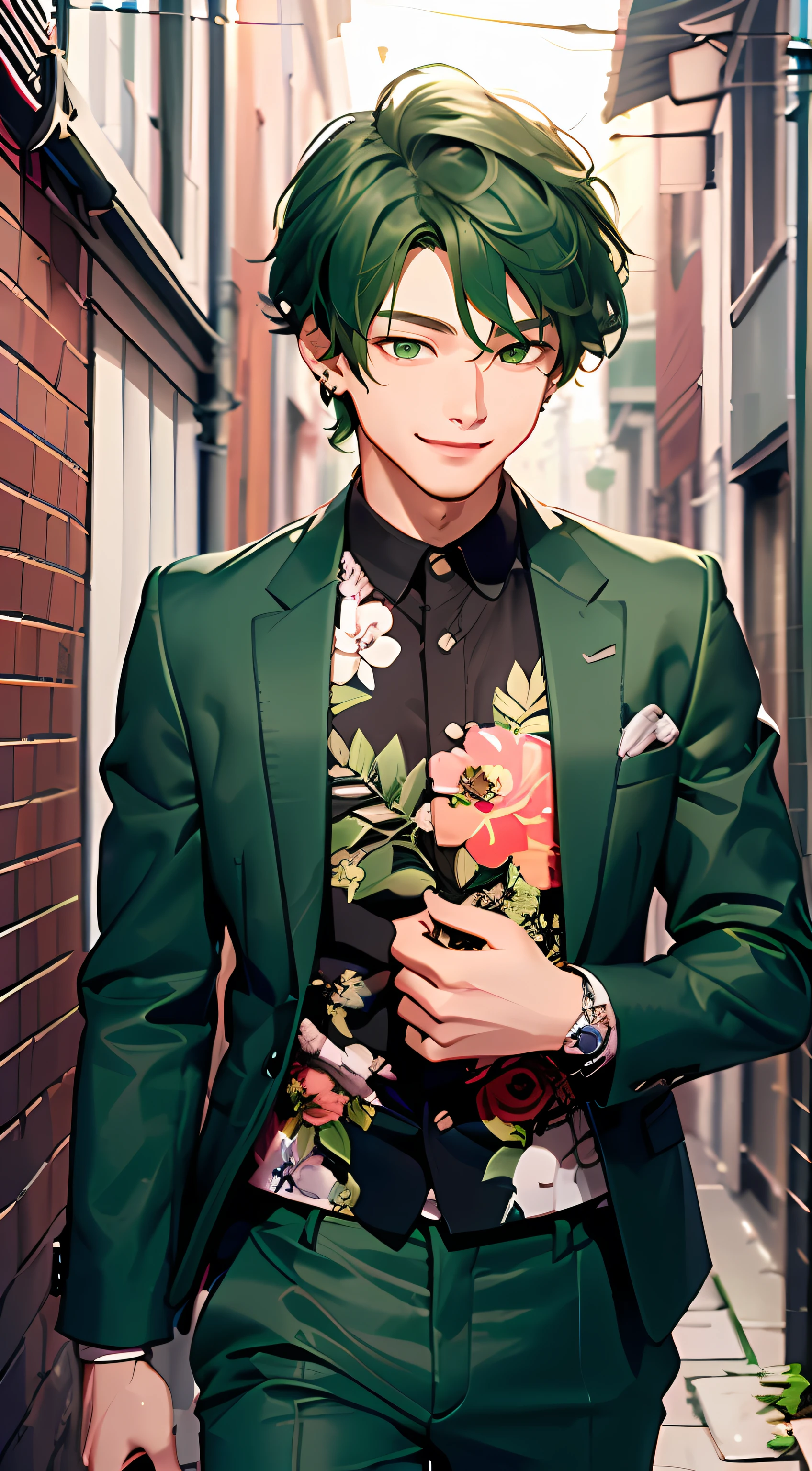 (top-quality:1.4、8K Super Detail CG Wallpapers)、(cute young man、Green eyes and short green hair:1.2)、Floral black suit and long pants、kindly smile、piercings、The background is a back alley